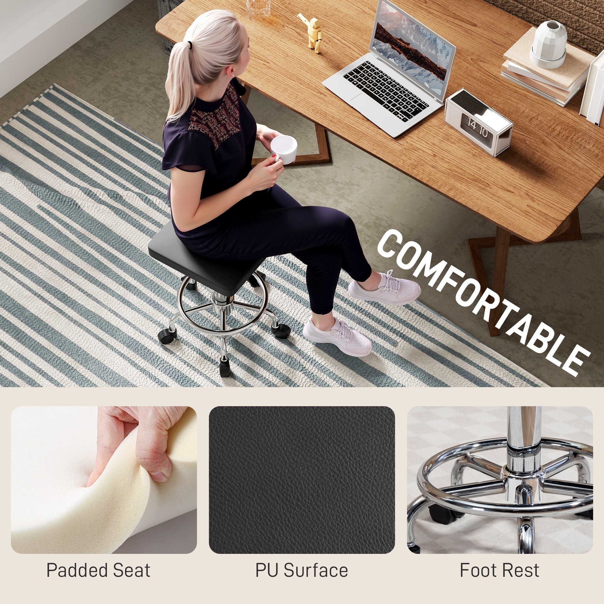 Adjustable PU Leather Rolling Stool - Black