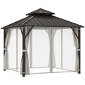 3 x 3m Hardtop Gazebo Canopy with Double Metal Roof, Netting & Curtains - Beige