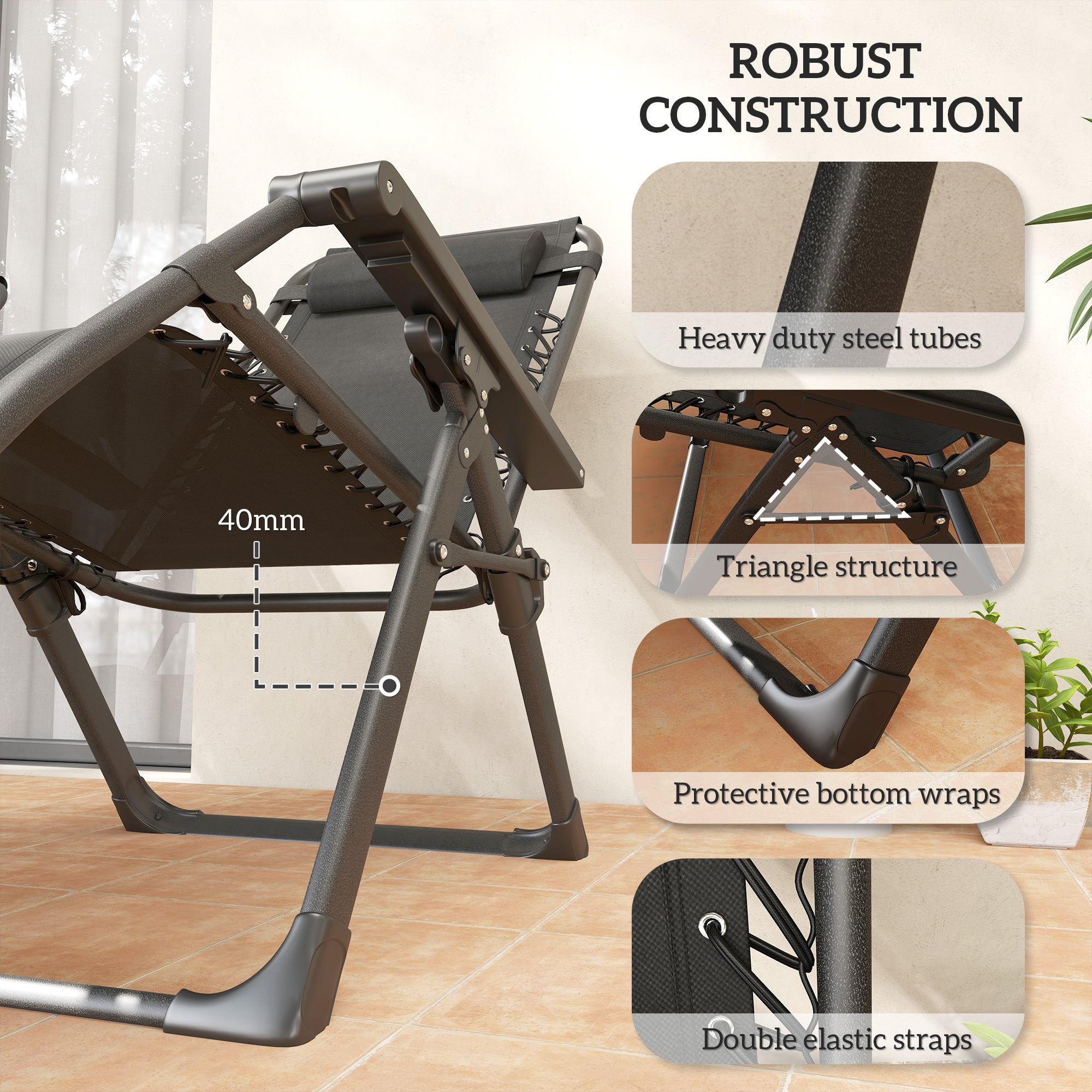 Set of Two Reclining Sun Loungers, with Cushion - Black