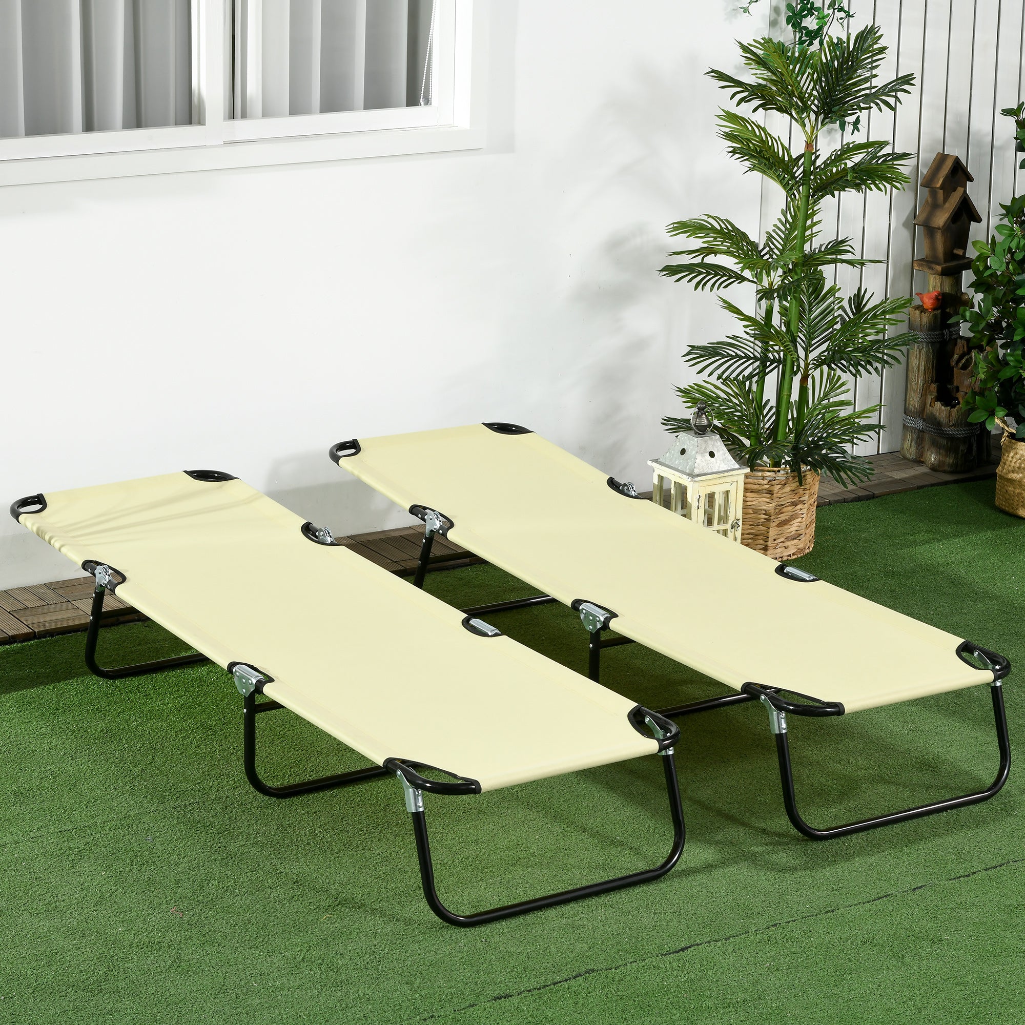 Set of Two Metal Frame Folding Sun Loungers - Beige