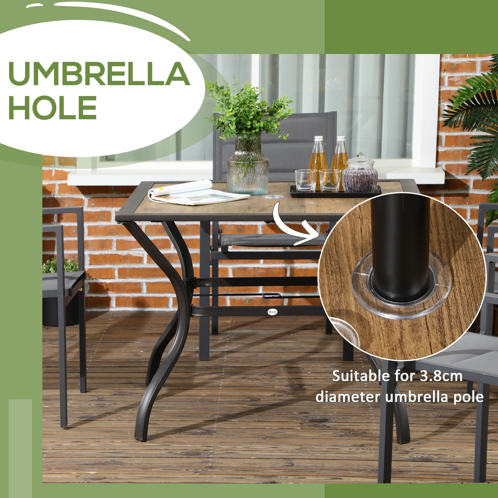 Outdoor Garden Table Dining Table for 4 with Parasol Hole, Stone-Grain Effect PC Board Top for Patio, Garden, Brown