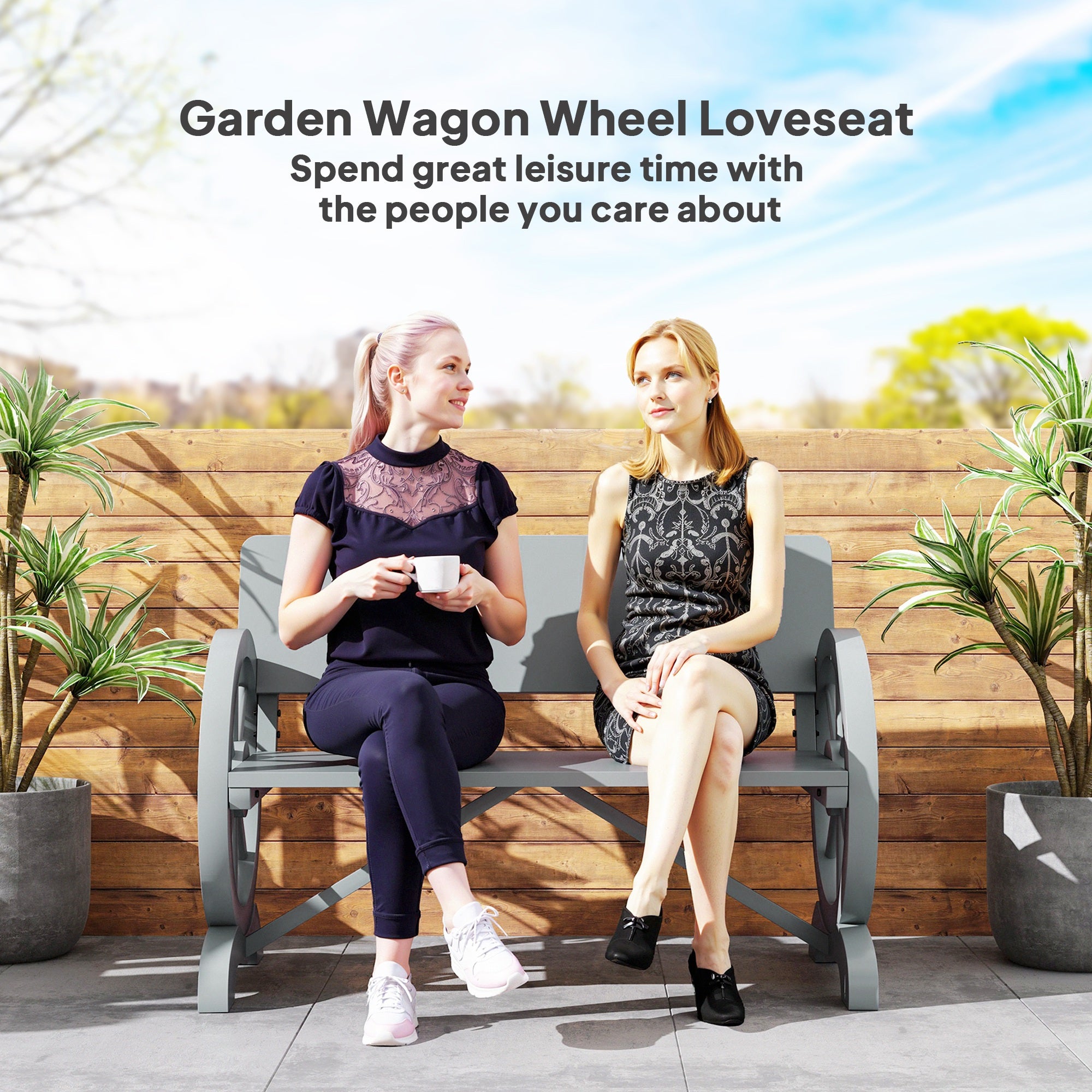 2 Seater Fir Wood Outdoor Garden Wagon Wheel Bench Grey