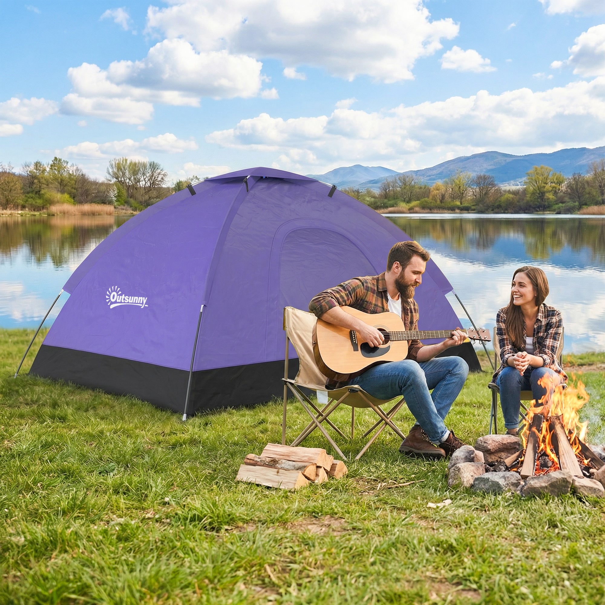 2 Person Camping Tent, Dome Tent with Zipped Doors, Storage Pocket, Portable Handy Bag, Light Purple