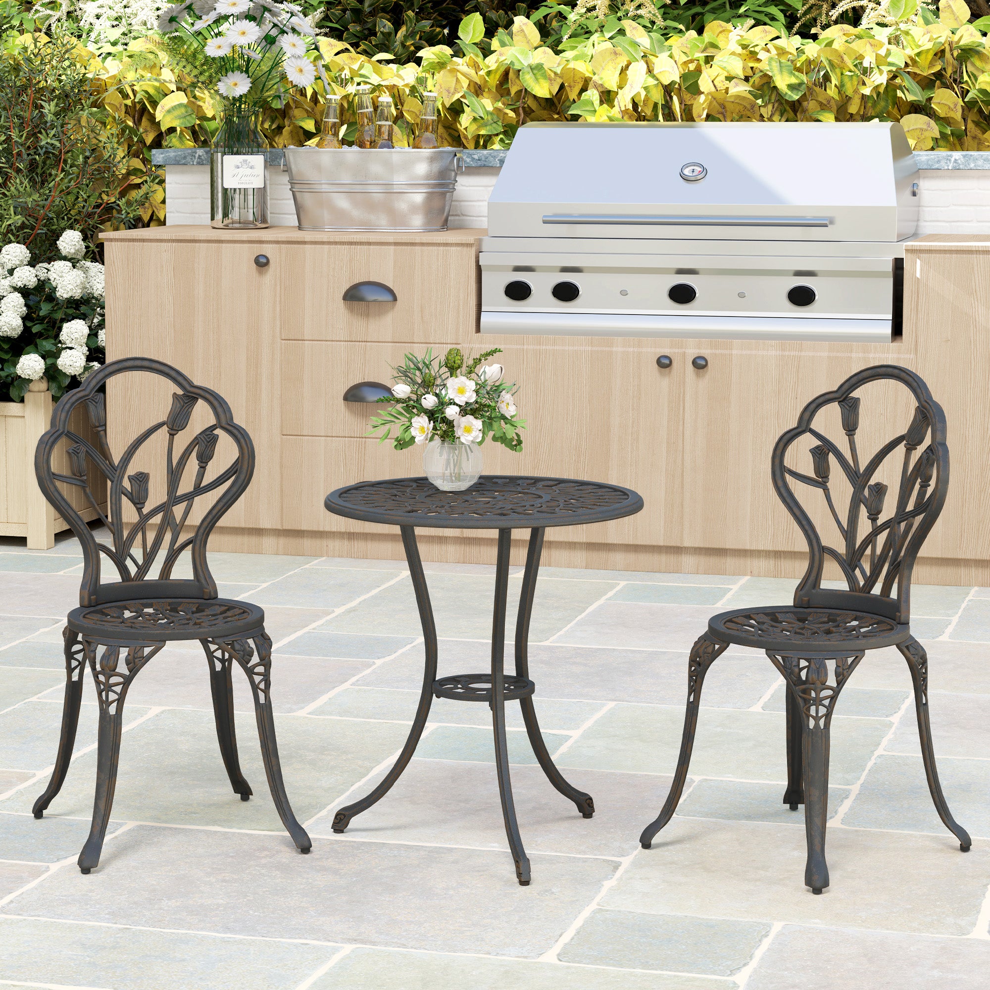 3 Piece Aluminium Patio Bistro Set with Umbrella Hole - Bronze Tone