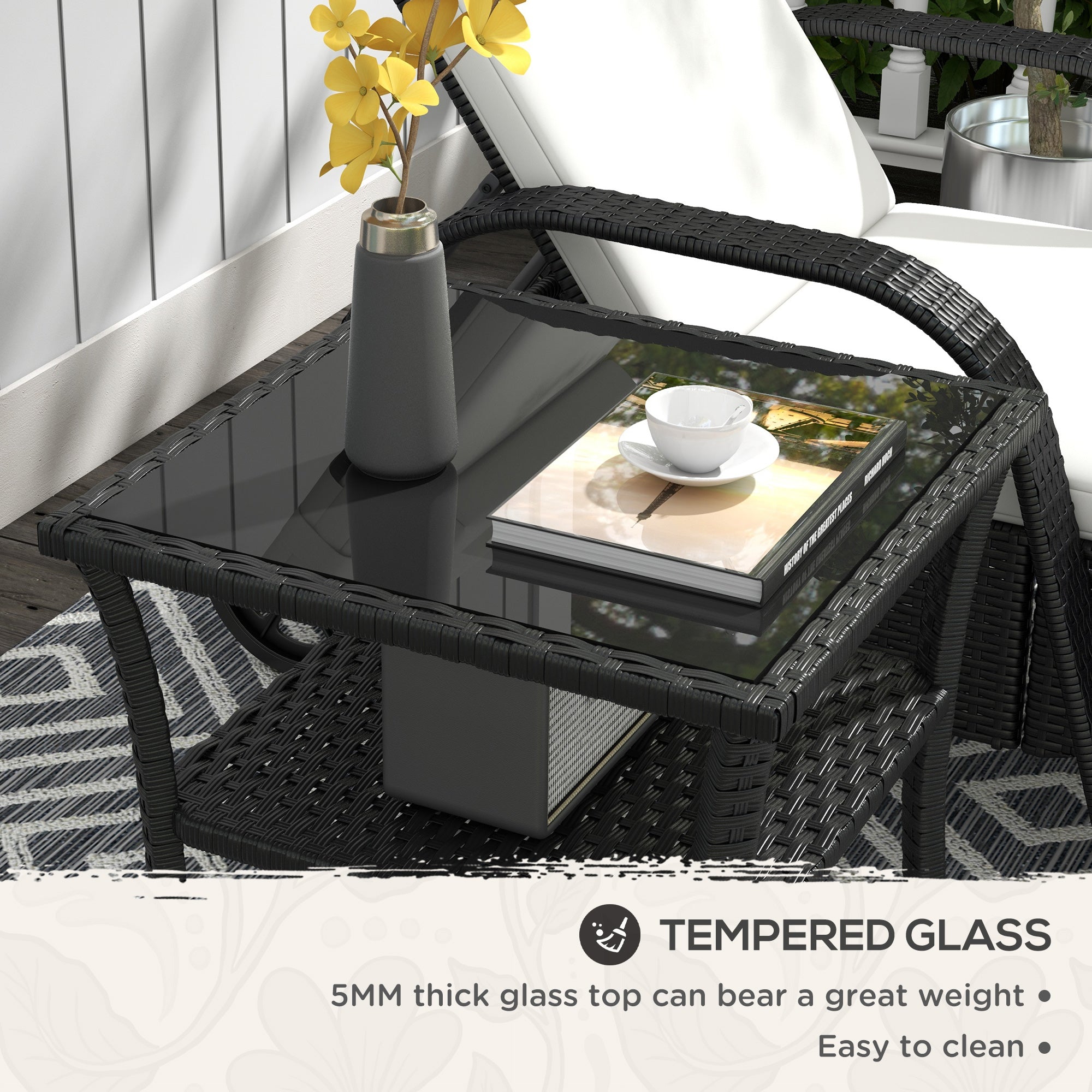Outsunny Two-tier PE Rattan Square Coffee Table - Black