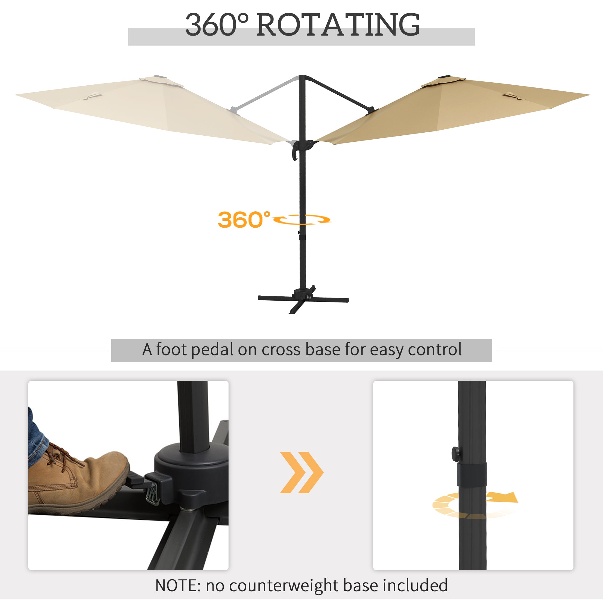 3(m) Adjustable Cantilever Parasol with Base, Solar LED Lights, Khaki