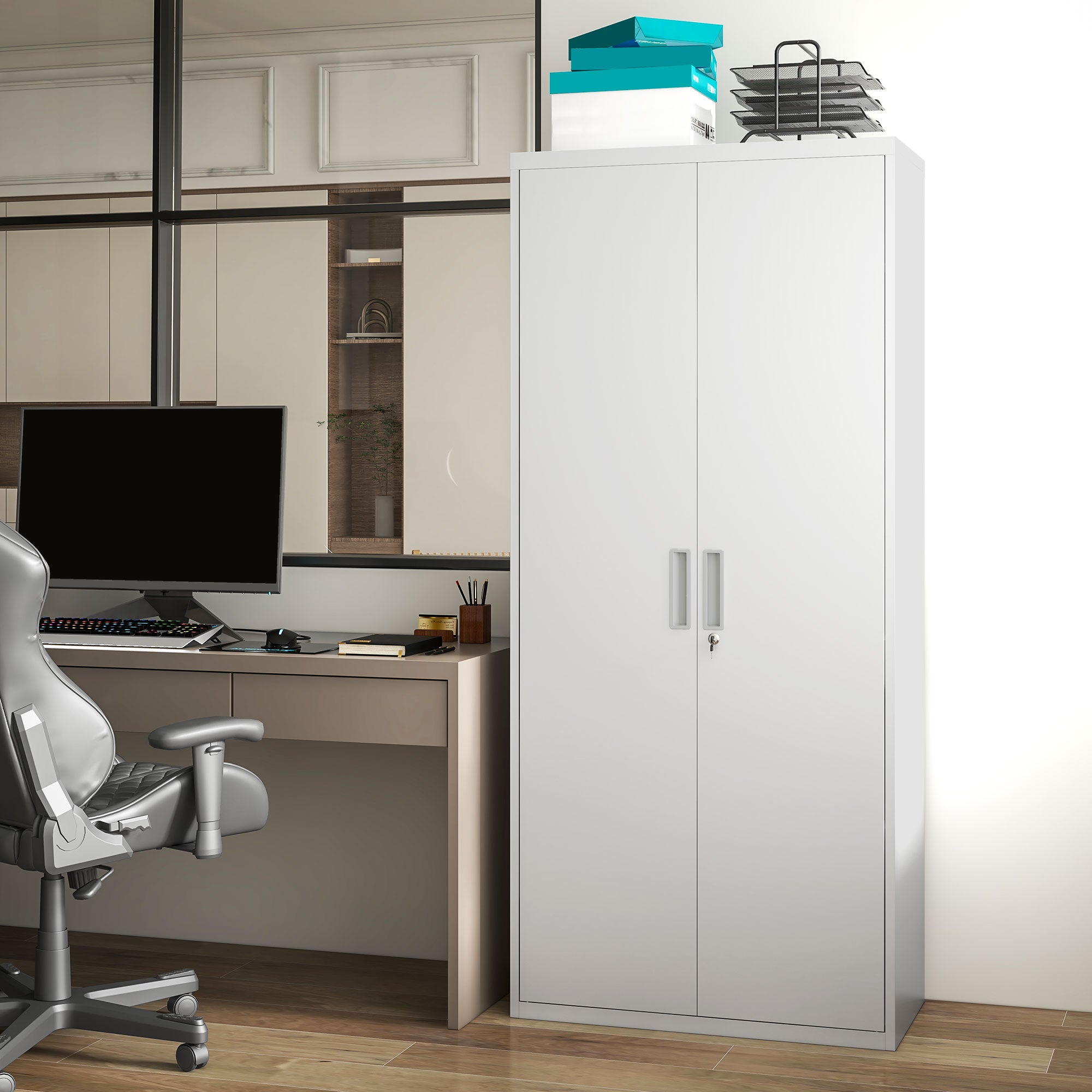 Five Shelf Lockable Steel Office Cabinet - White