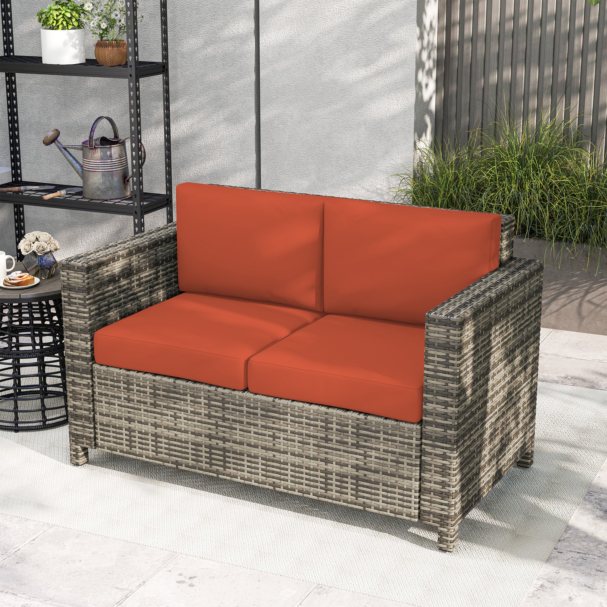 2 Seater Rattan Garden Sofa with Padded Cushions and Armrests - Grey