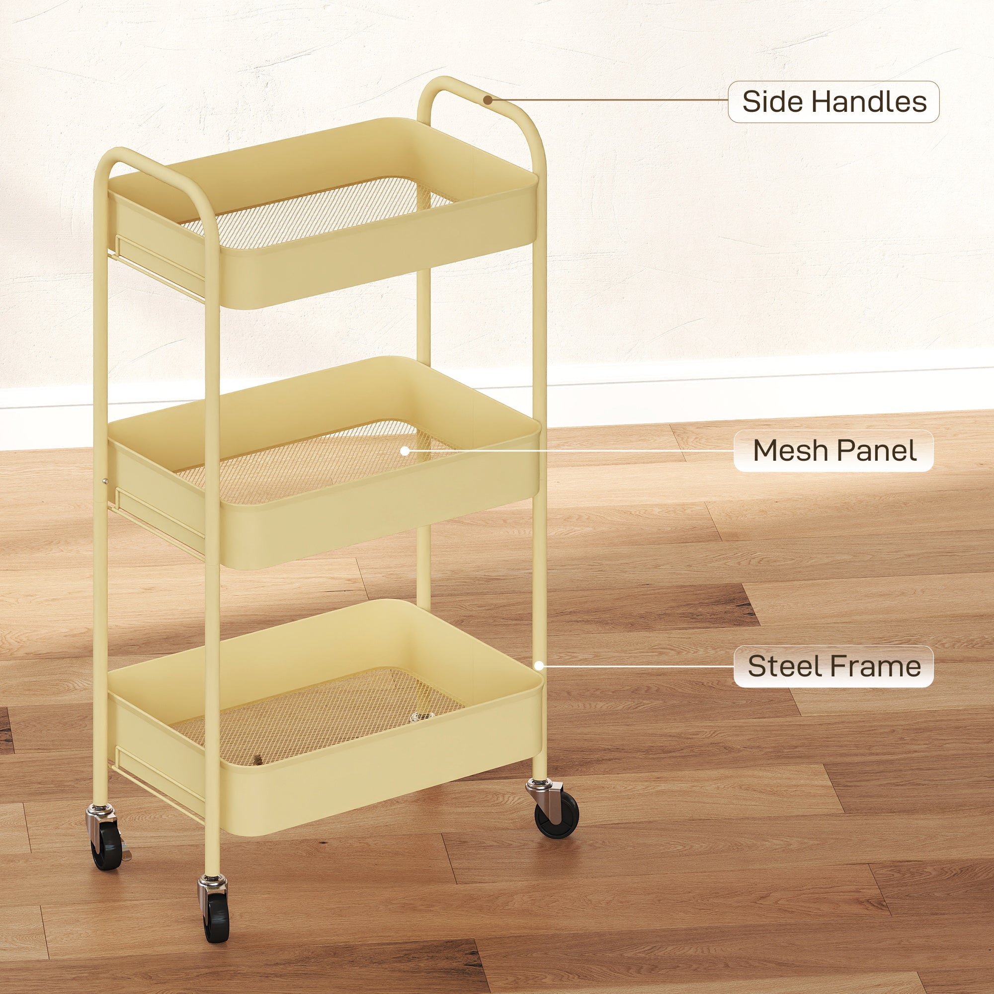 Three-Tier Steel Storage Trolley - Yellow