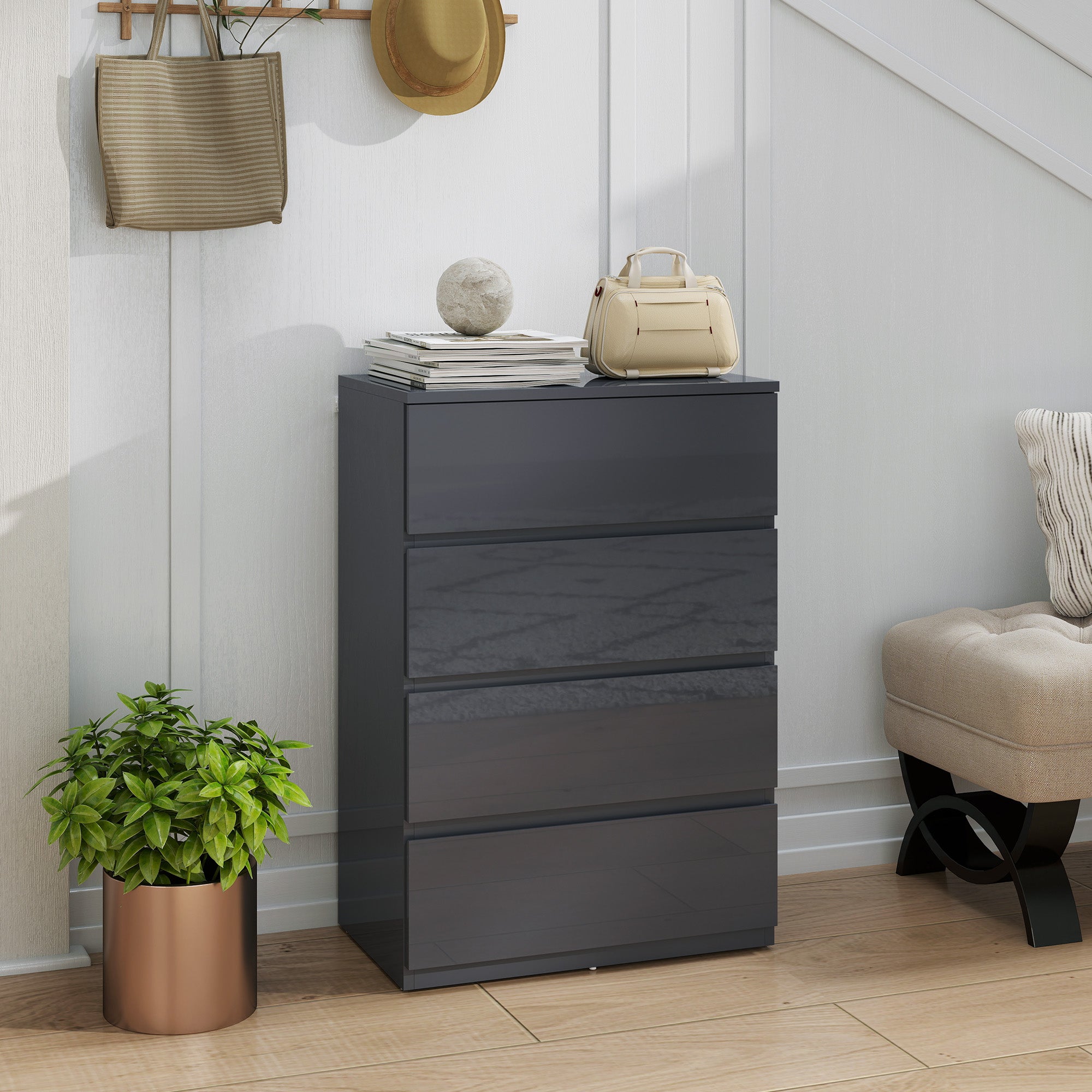 High Gloss Chest of Drawers, 4-Drawer Storage Cabinets, Modern Dresser for Bedroom, Grey