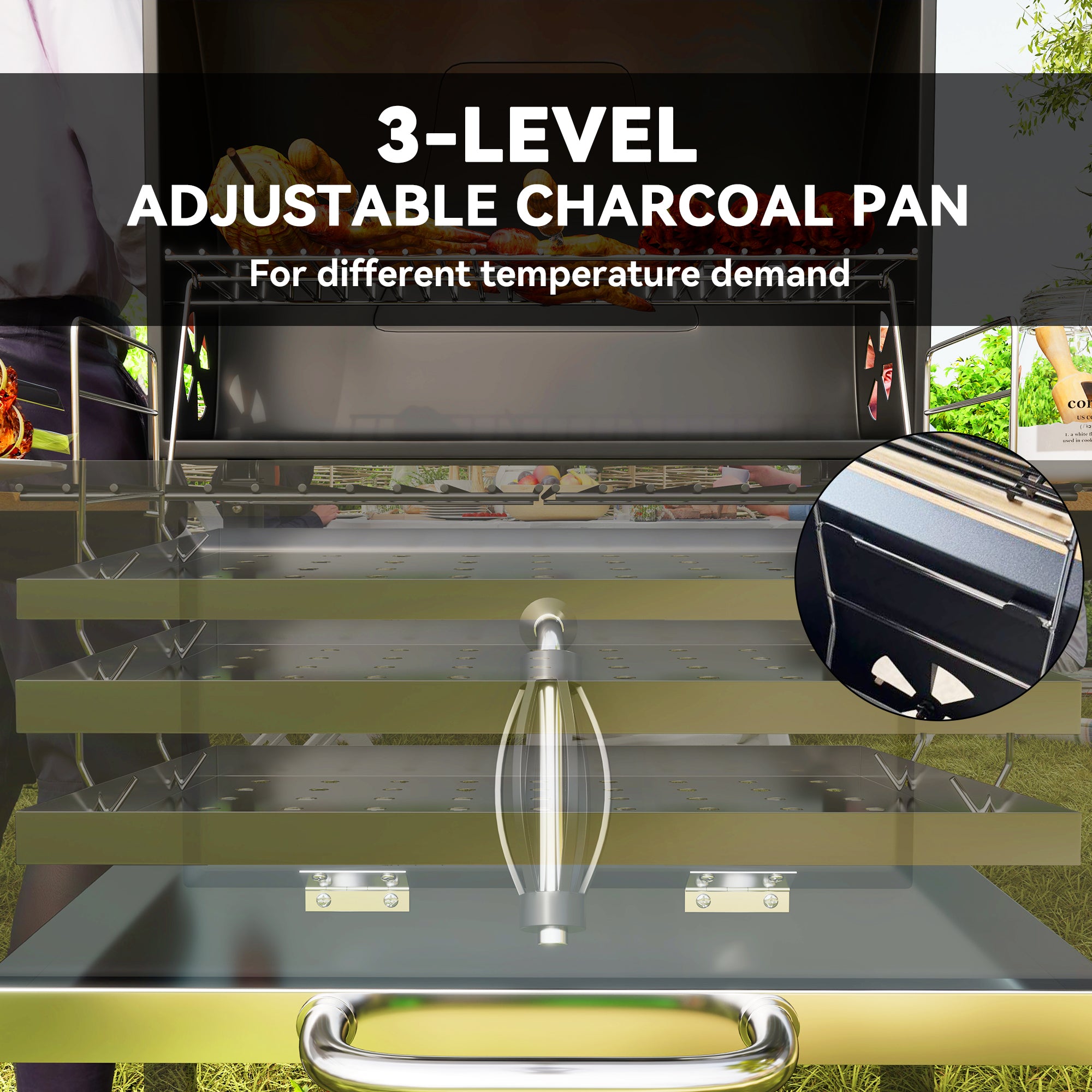 Portable Charcoal BBQ Grill with Adjustable Pan and Temperature Gauge - Black