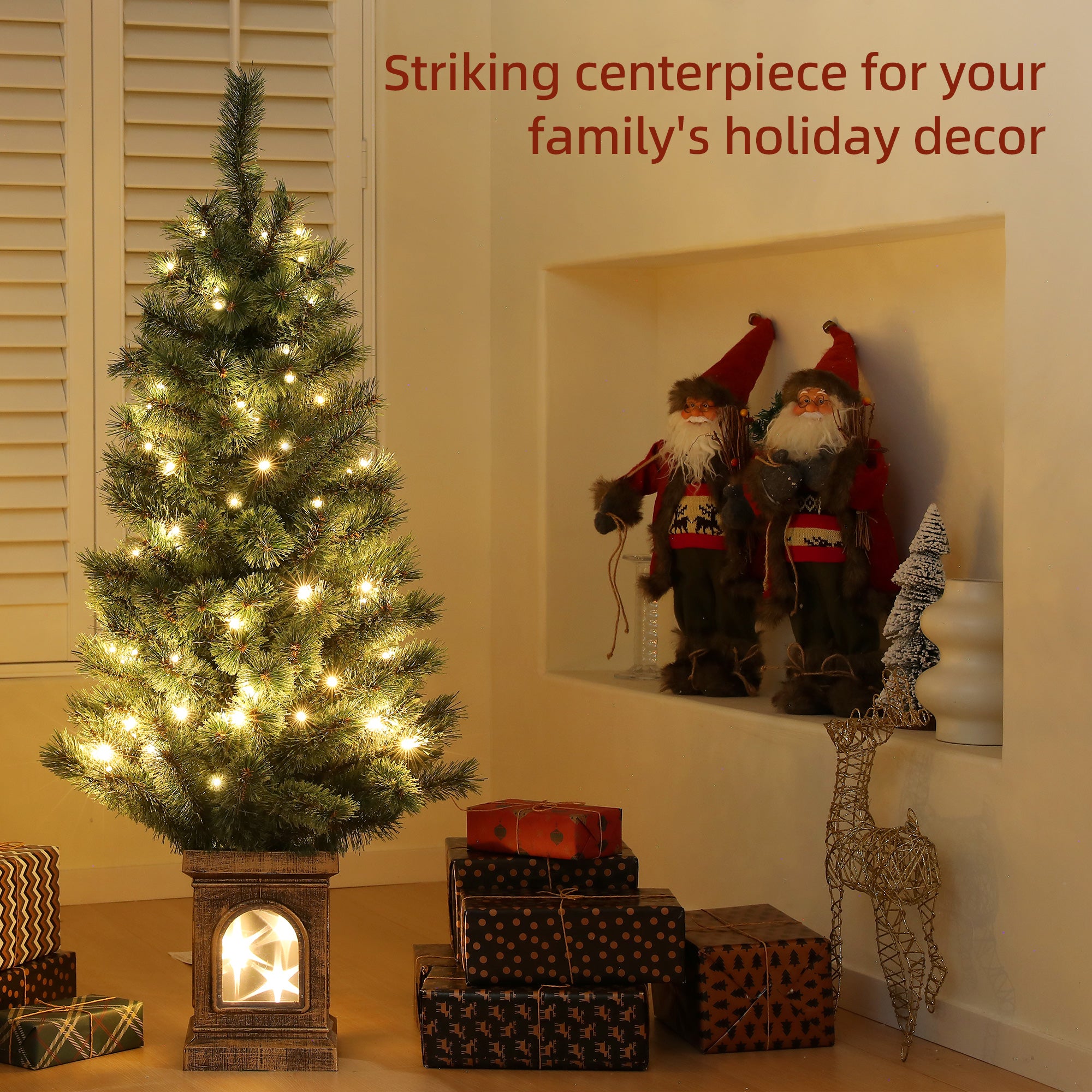 4ft Artificial Christmas Tree with 80 Warm White LED Lights, 8 Modes and Remote, Realistic Xmas Tree with Square Stand for Party Decoration, Green