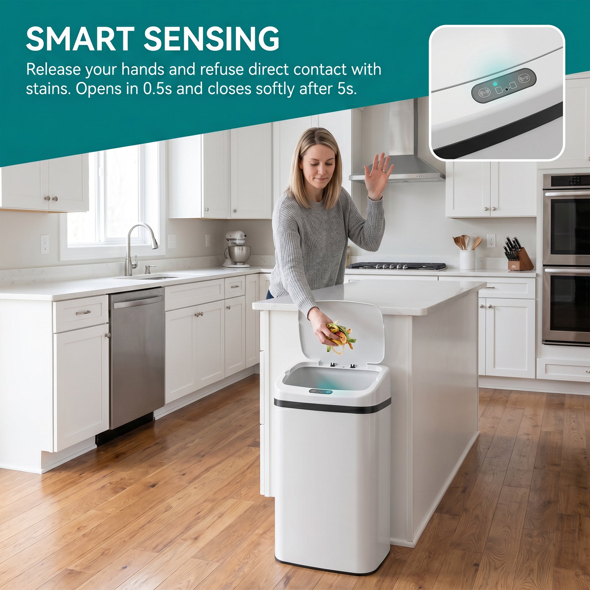 48L Stainless Steel Sensor Bin - White