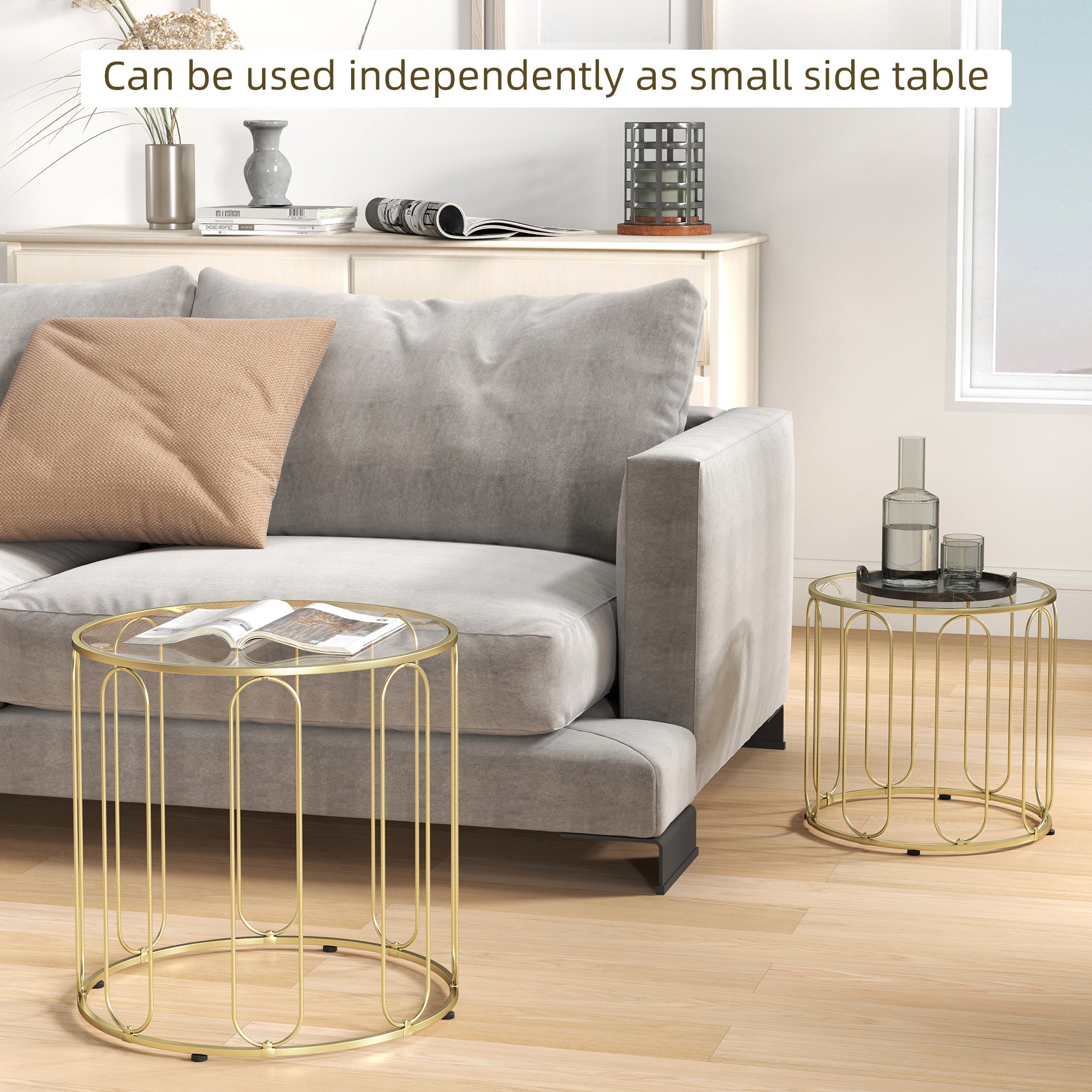 Elliptical Cut-Out Nesting Coffee Tables with Tempered Glass Tops - Gold-Tone
