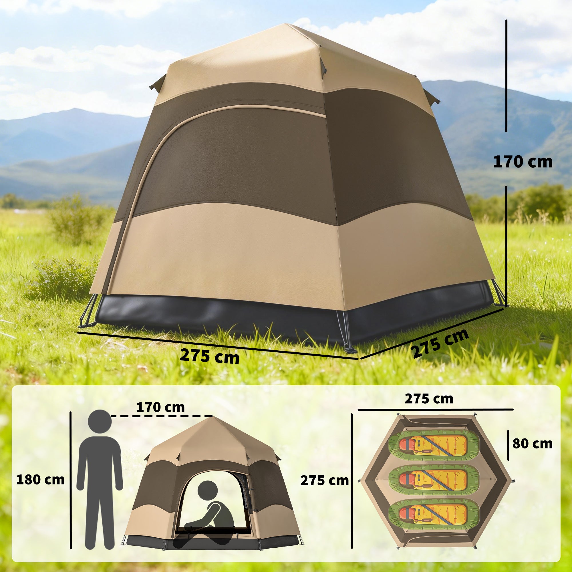Double Layer Instant Pop Up Tent with Rainfly, Portable Camping Shelter with Sewn-in Groundsheet and Carry Bag, Brown