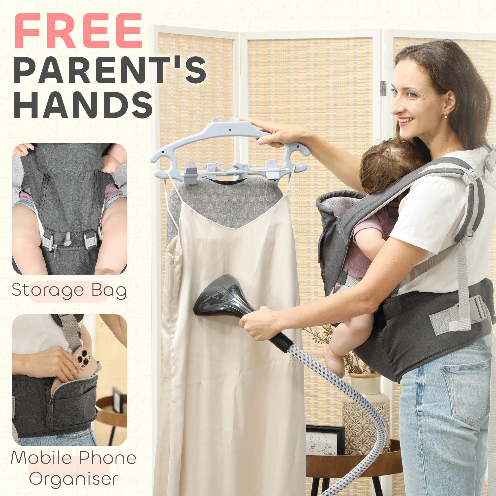 6-in-1 Baby Carrier for Newborns-Toddlers, with Removable Seat, for Ages 0-36 Months, Up to 15kg, Grey