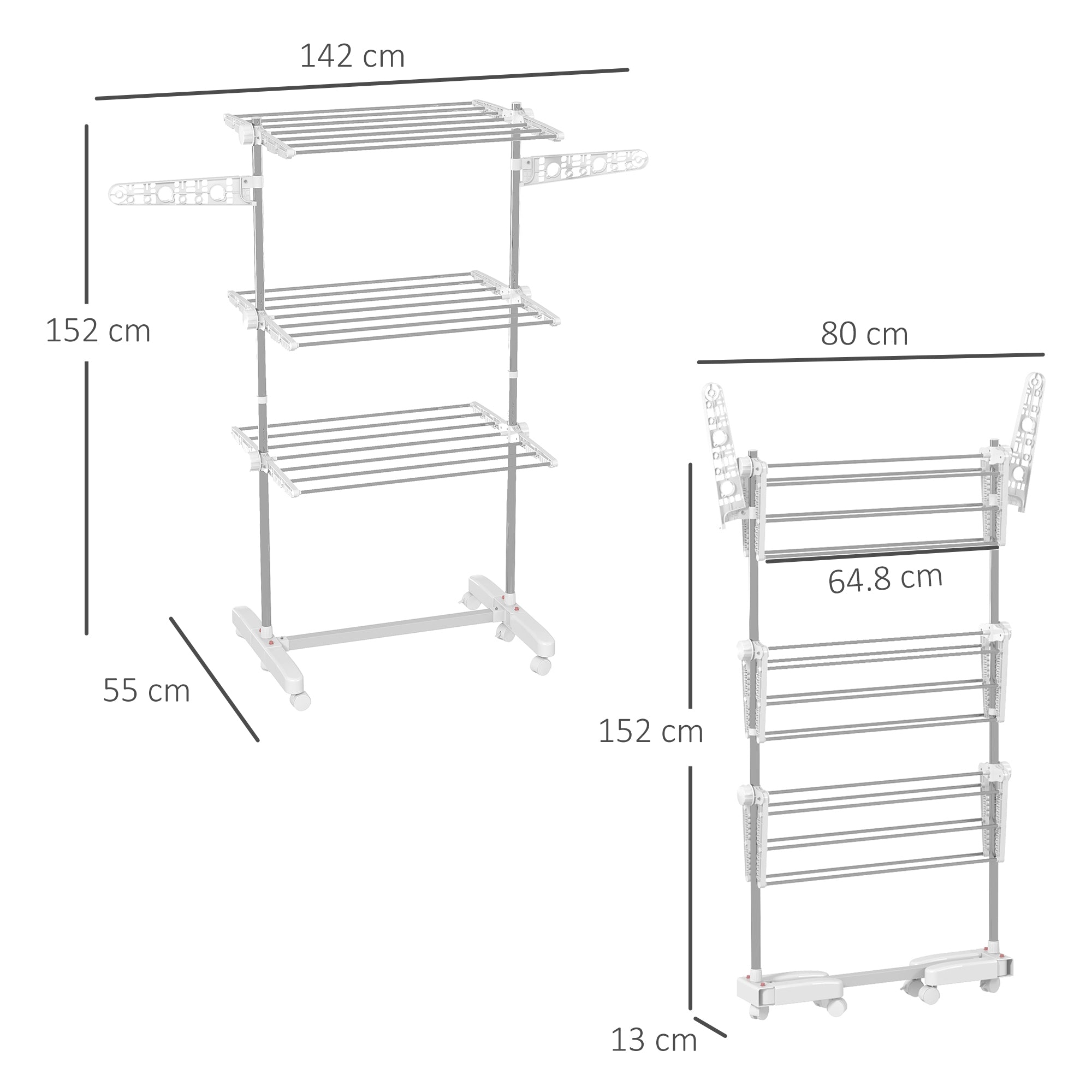 3-Tier Clothes Airer, Foldable Clothes Drying Rack, Stainless Steel Indoor and Outdoor Clothes Dryer with Wheels and Wings, Easy Assembly, 142 x 55 x 152cm, White