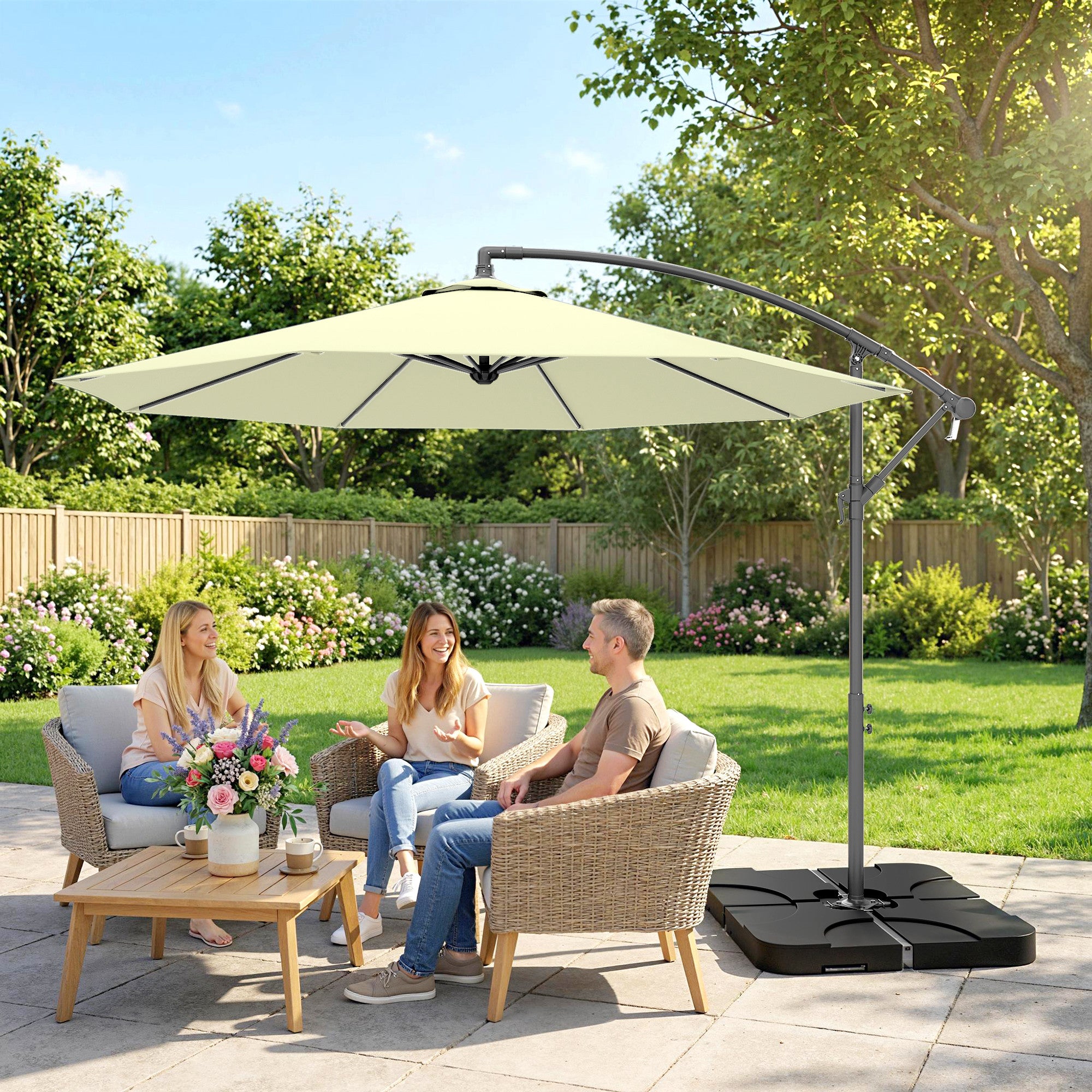 3m Overhanging Parasol, with Base, Weights and Cover - Beige