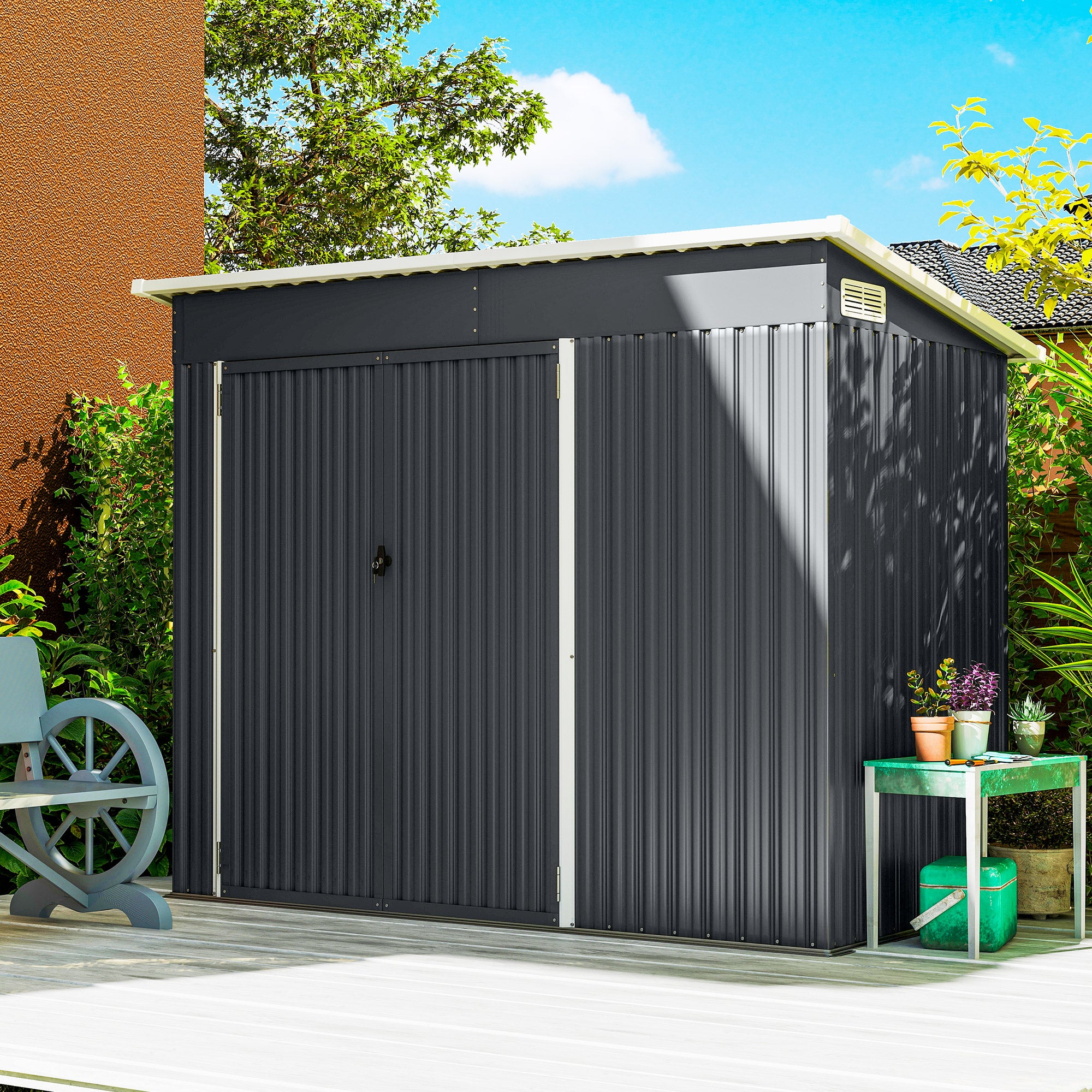 7.5 x 4.3ft Metal Garden Storage Shed, Waterproof Outdoor Shed with Triple Lockable Door, Gloves, Vents, Dark Grey