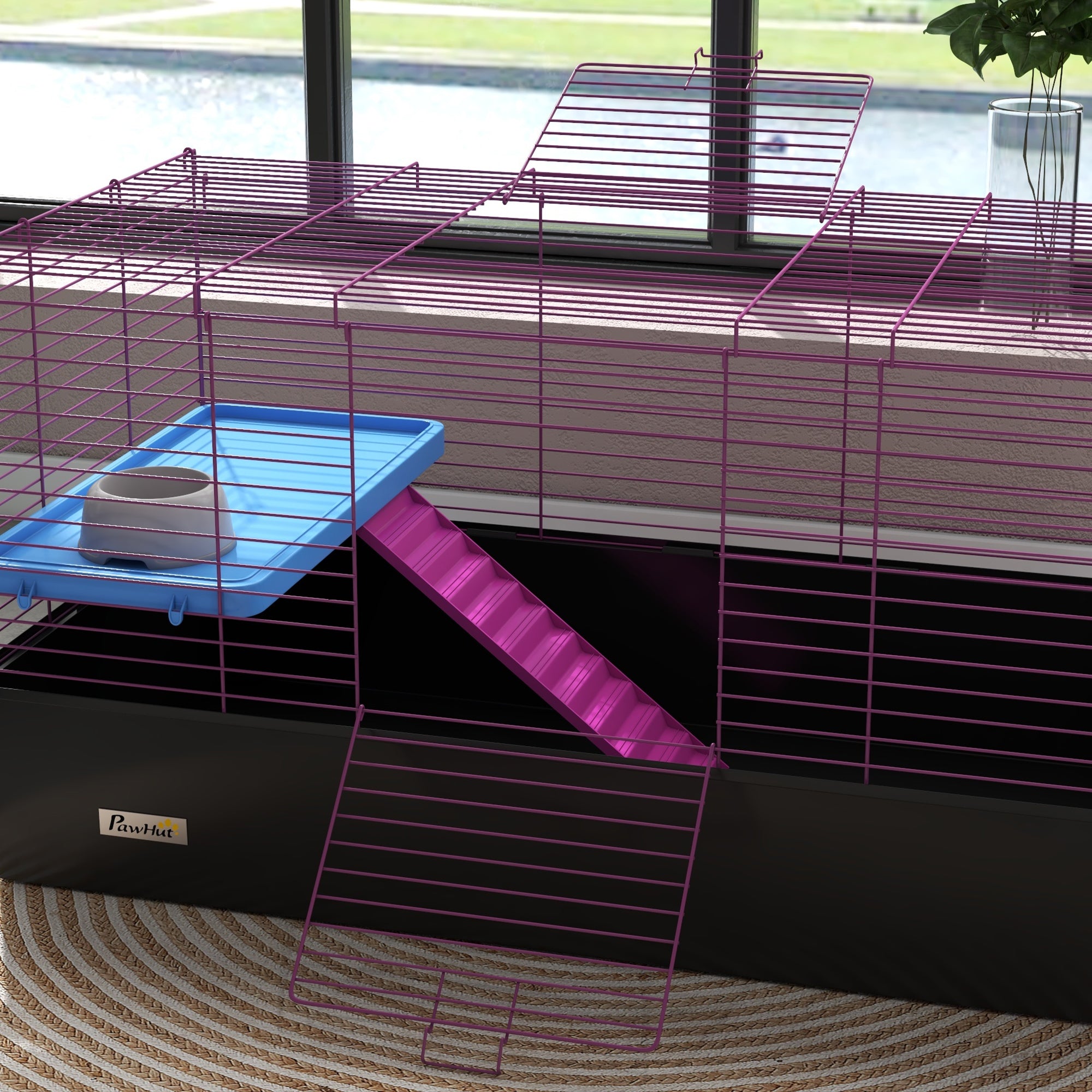 Chinchillas Small Rabbit Guinea Pig Small Animal Cage, Pet Playhouse, with Platform, Ramp, 99 x 52 x 53cm, Black