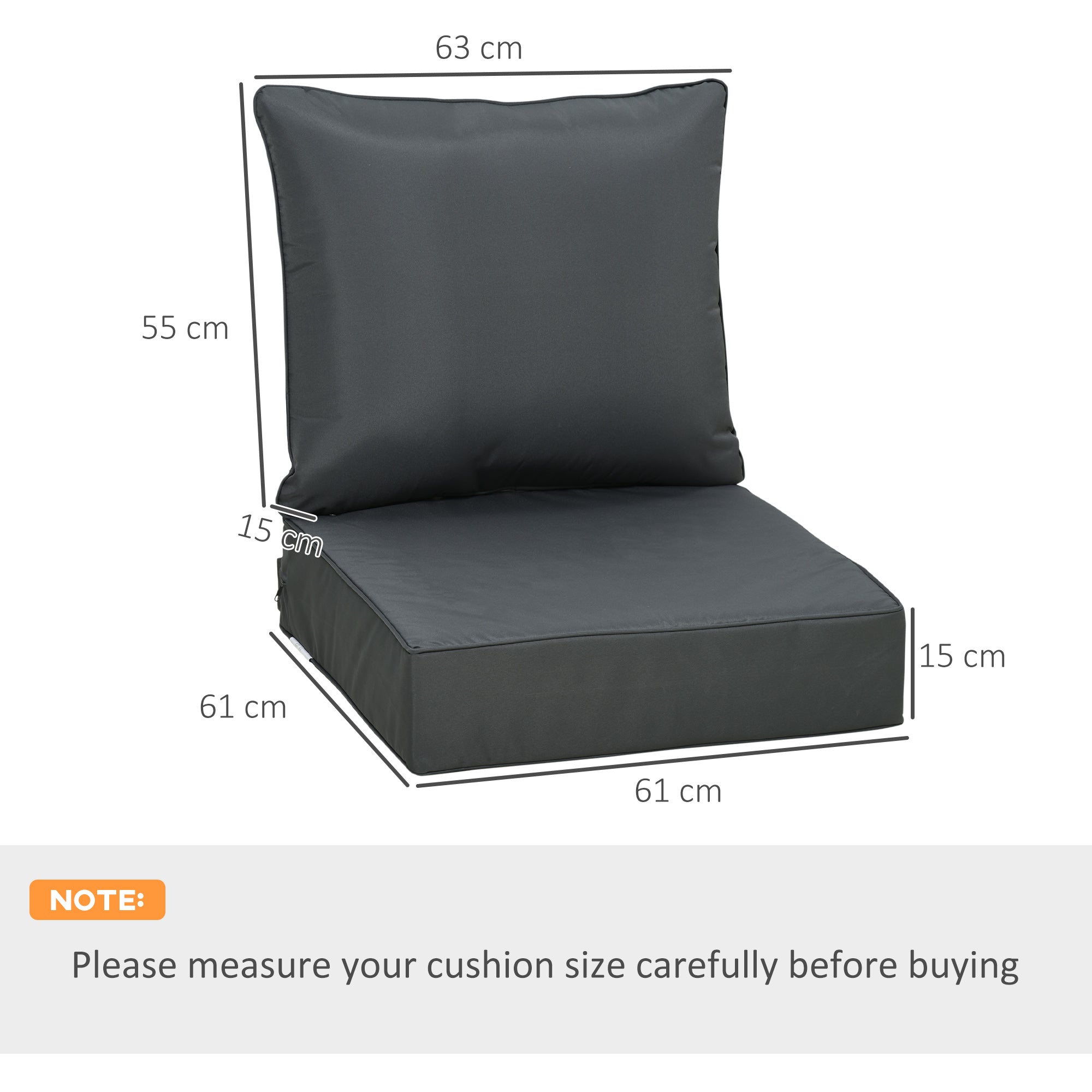 Outdoor Seat and Back Cushion Sets, 63L x 55W x 15Dcm Olefin Patio Deep Seating Chair Fade Resistant Replacement Cushion for Rattan Sofa, Indoor or Outdoor Furniture, Dark Grey