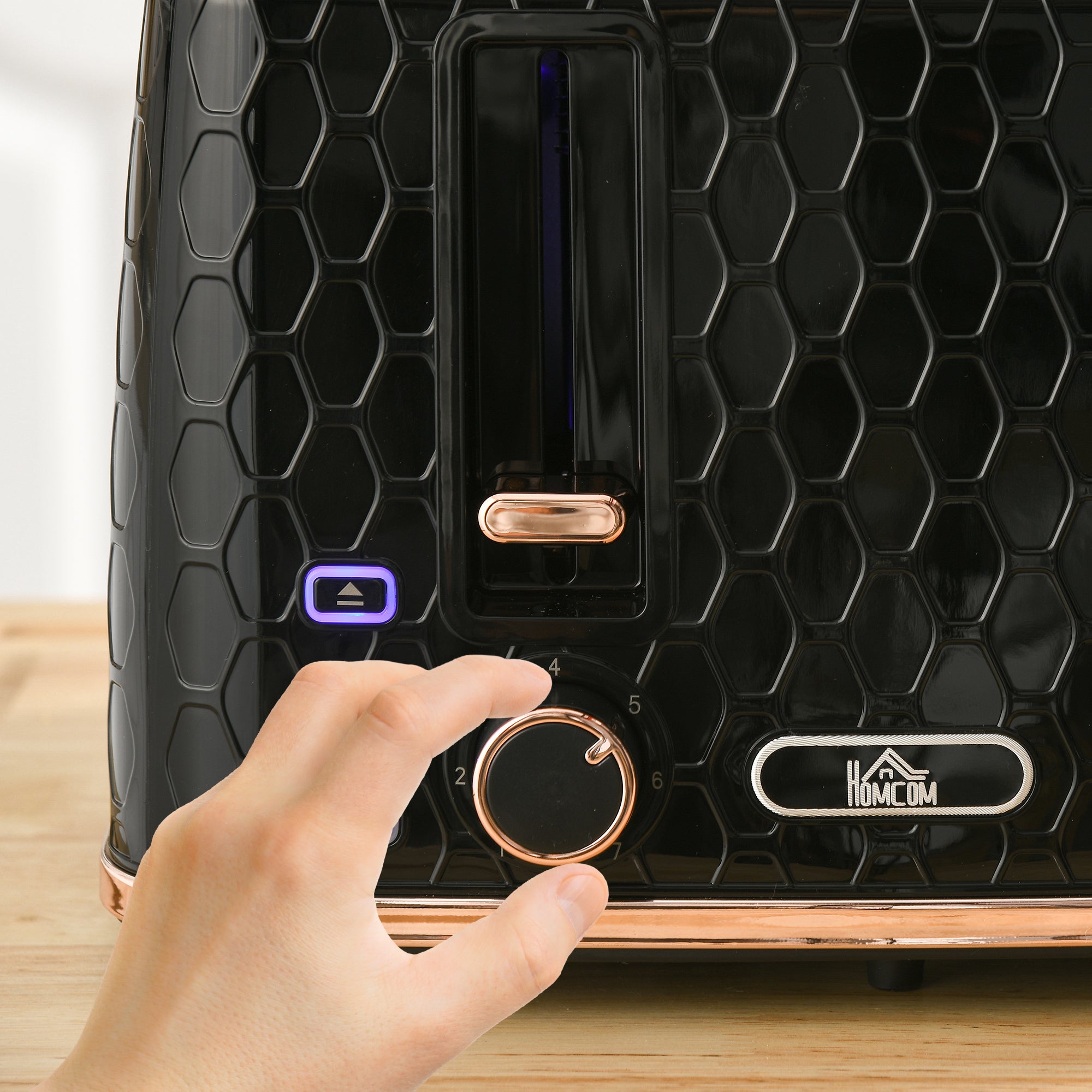 4 Slice Toaster with 7 Browning Levels, High Lift, Reheat/Defrost/Cancel, Self-centring Function, Removable Crumb Tray, Auto Off, 1600W, Black Honeycomb Texture