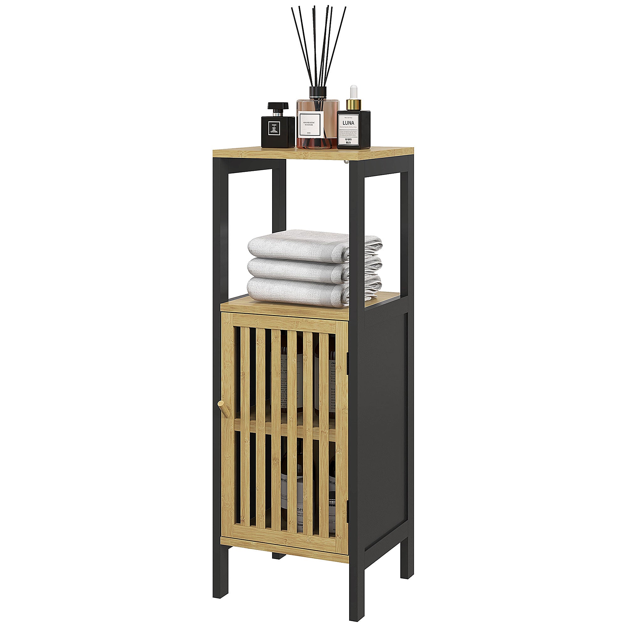 Bamboo-Blend Retro Cut-Out Bathroom Storage Unit, with Cupboard