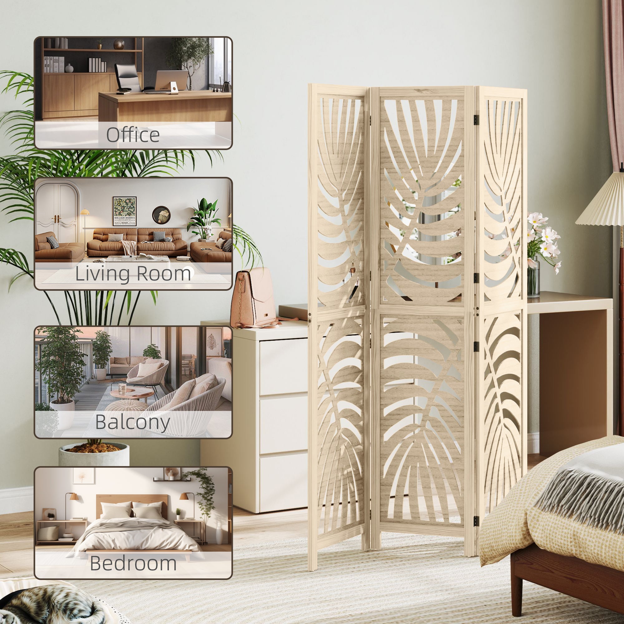 3 Panel Room Divider, Detachable Folding Privacy Screens with Palm Leaf Design for Home Office, Natural Wood Finish