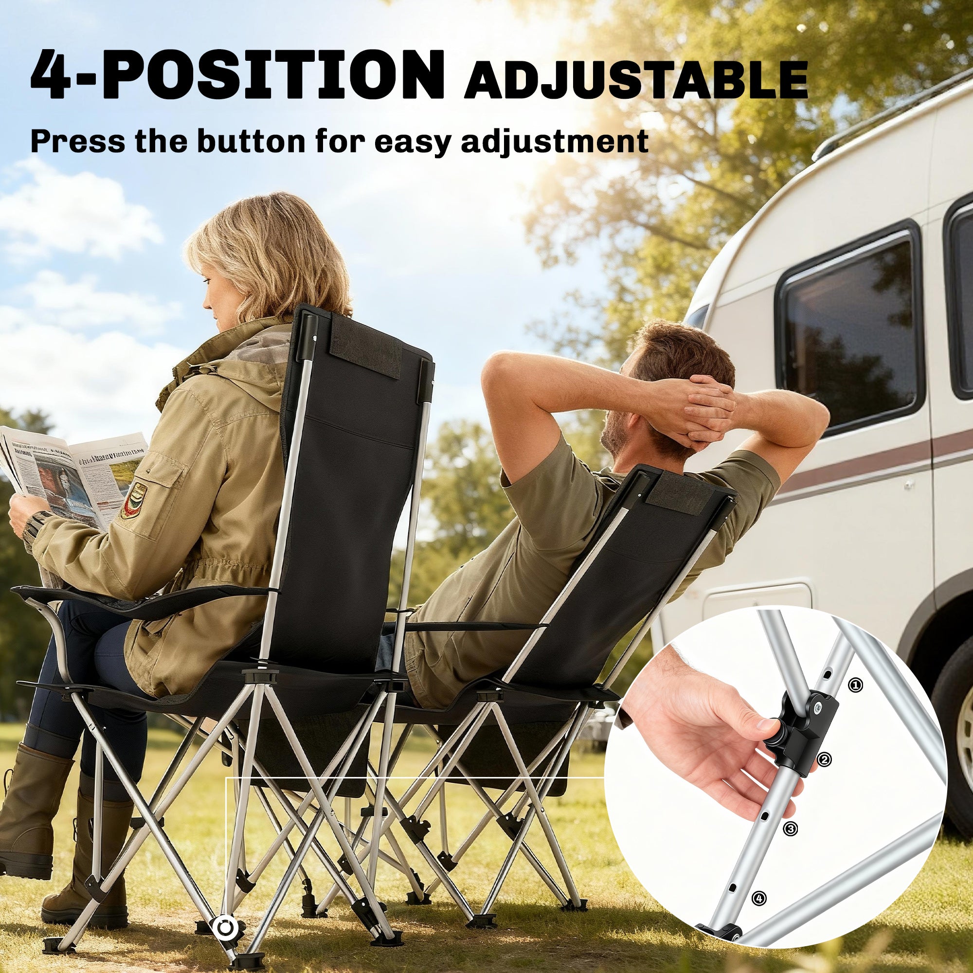 Set of 2 Reclining Folding Camping Chair w/ Detachable Footrest, Storage Bag, Cup Holder & Headrest, Lightweight Portable Camp Chair for Beach, Picnic, Orange and Black