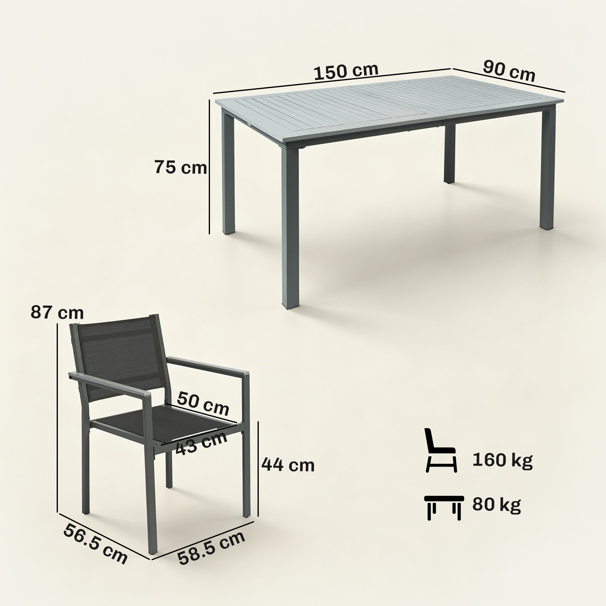Garden Dining Set with Acacia Wood Table Top, Outdoor Table and Stackable Chairs Set for 6 with Texteline Seat, Grey