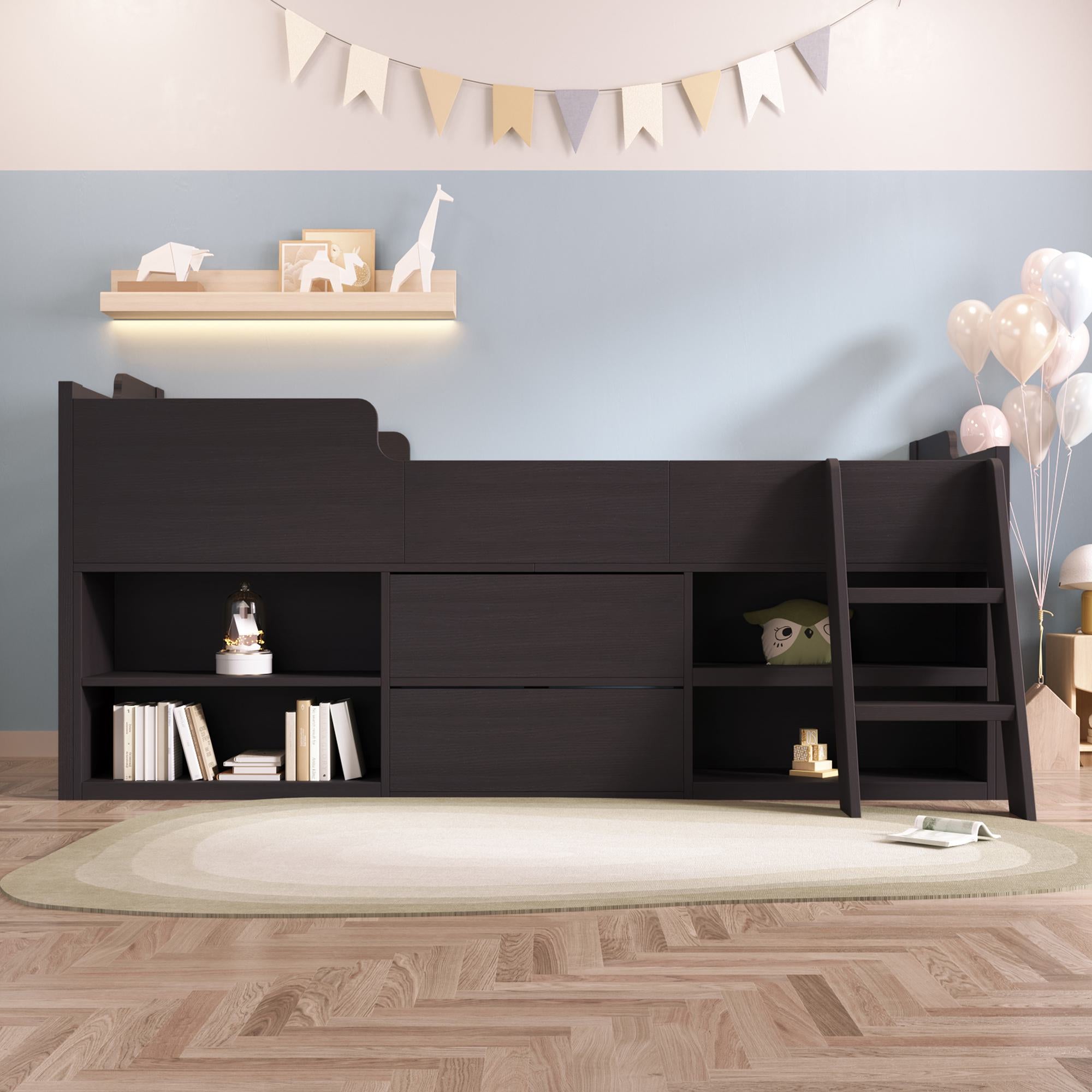 Children's Wooden Mid Sleeper Cabin Bed with Drawers and Shelves, Versatile Bed Frame for Bedroom, 196L x 94W x 92H cm, Taupe