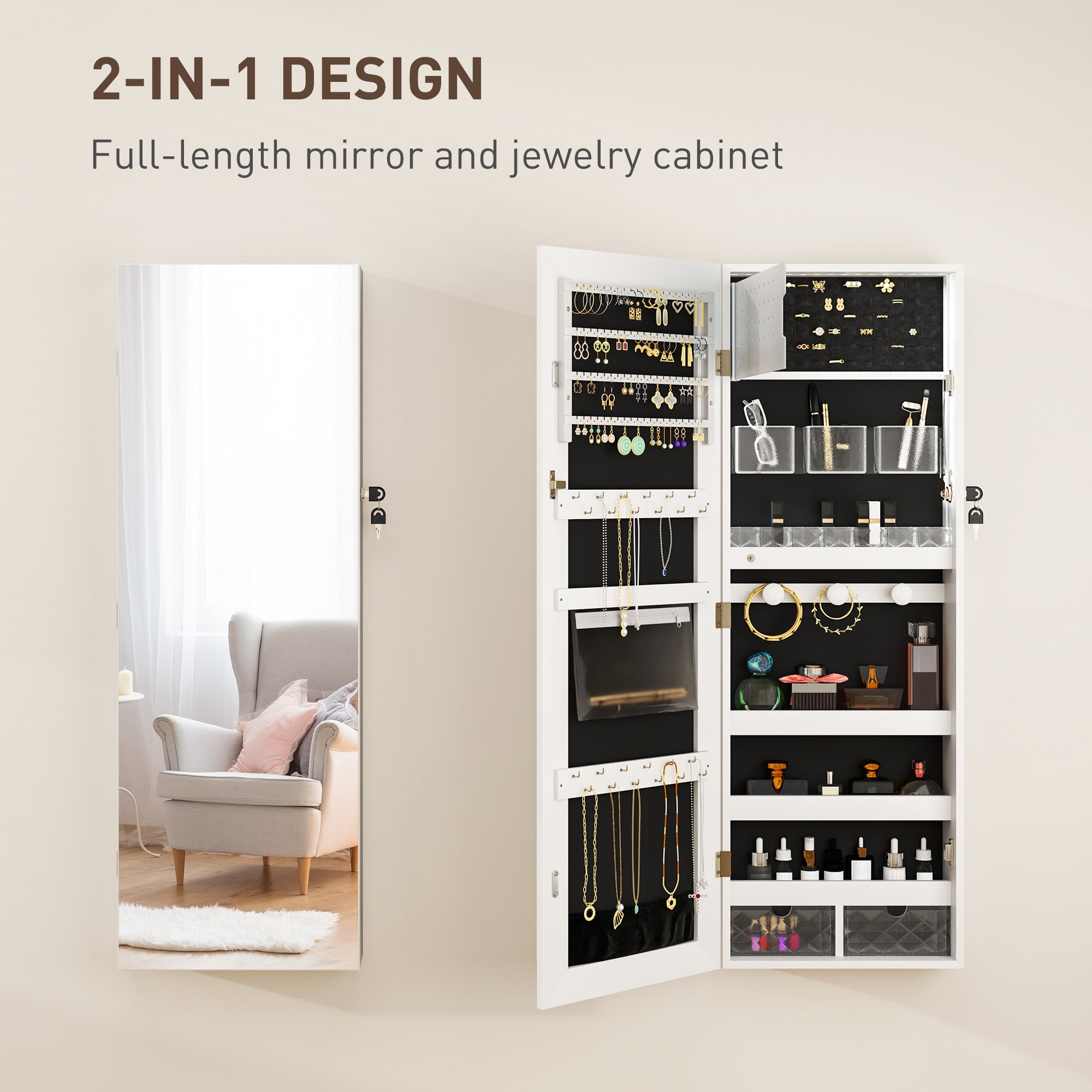 Lockable 108 x 37cm Jewellery Cabinet with LED Lights and Mirror - White/Black