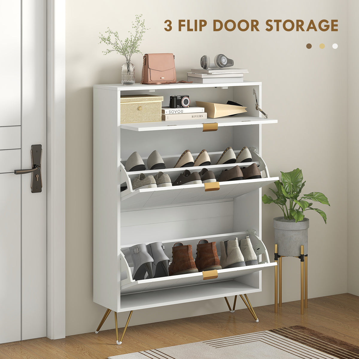 Two Flip Drawer Narrow Shoe Cabinet with Storage for 12 Pairs - White