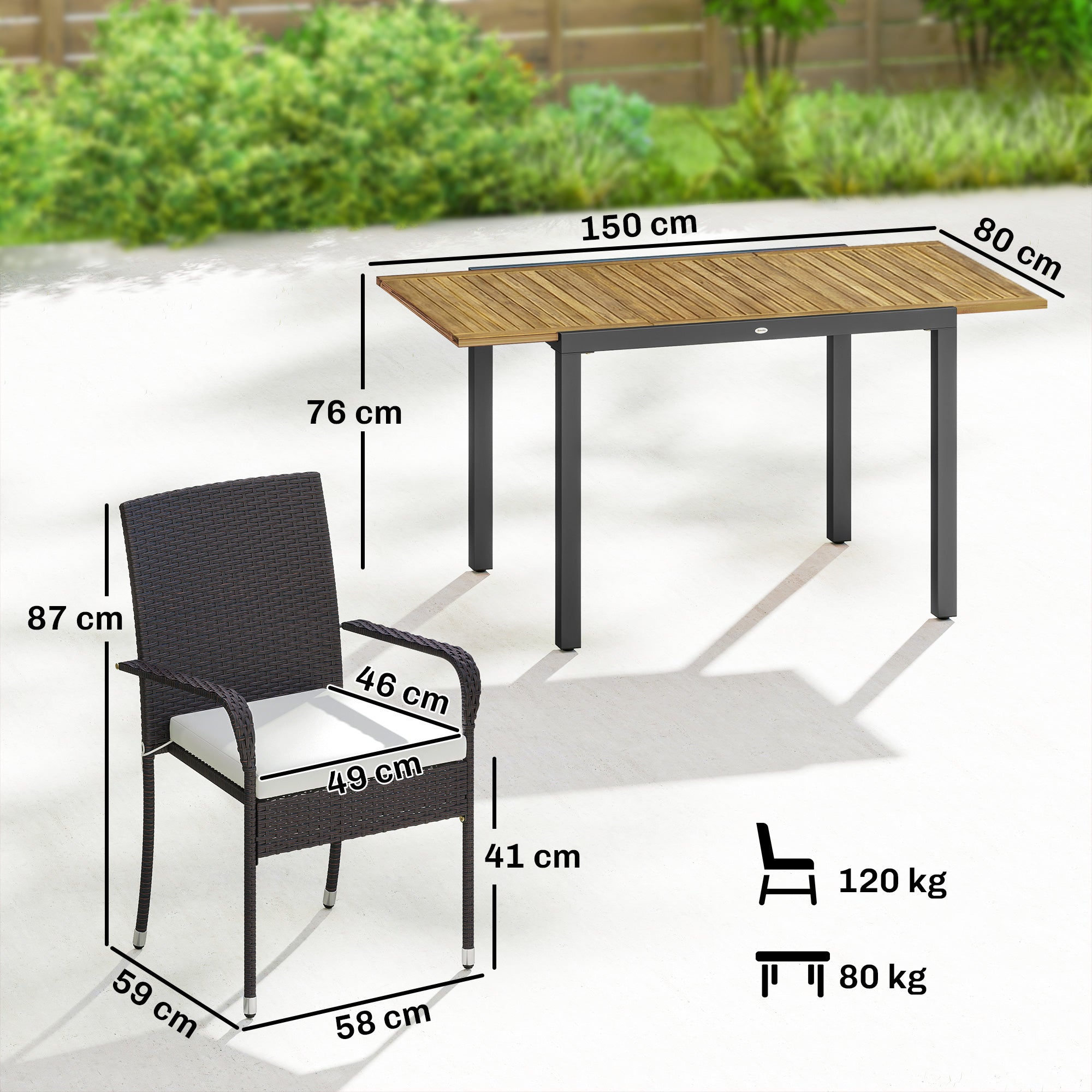 7 Piece Rattan Garden Furniture Set, 6 Seater Garden Table and 6 Stackable Chairs with Extendable Acacia Wood Tabletop