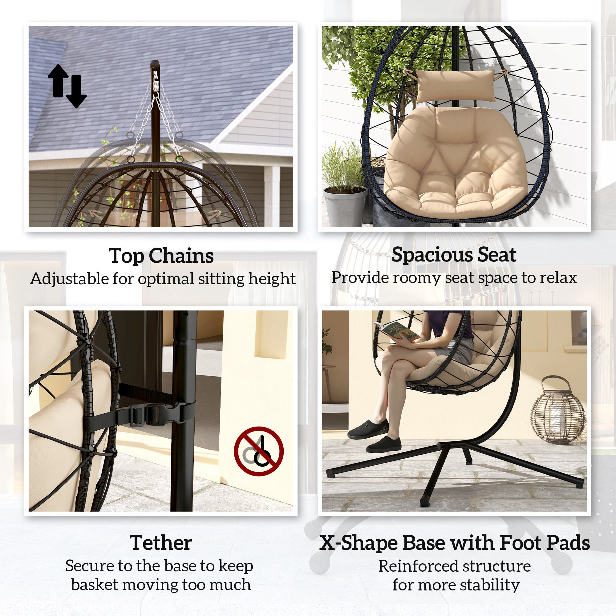 Ergonomic Hanging Egg Chair with Stand and Thick Cushion - Khaki