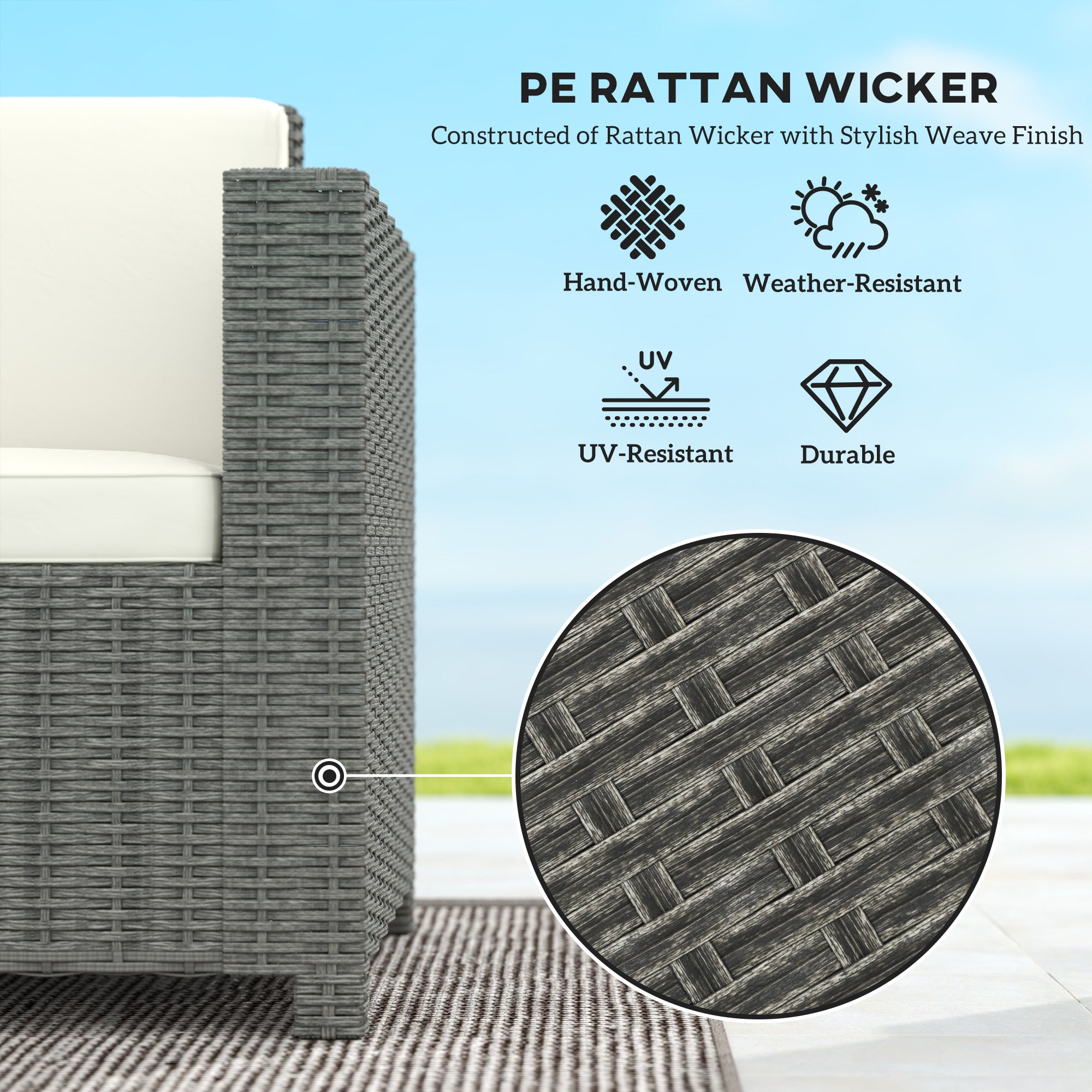 3 Seater Rattan Sofa with Fire Resistant Cushions Cream