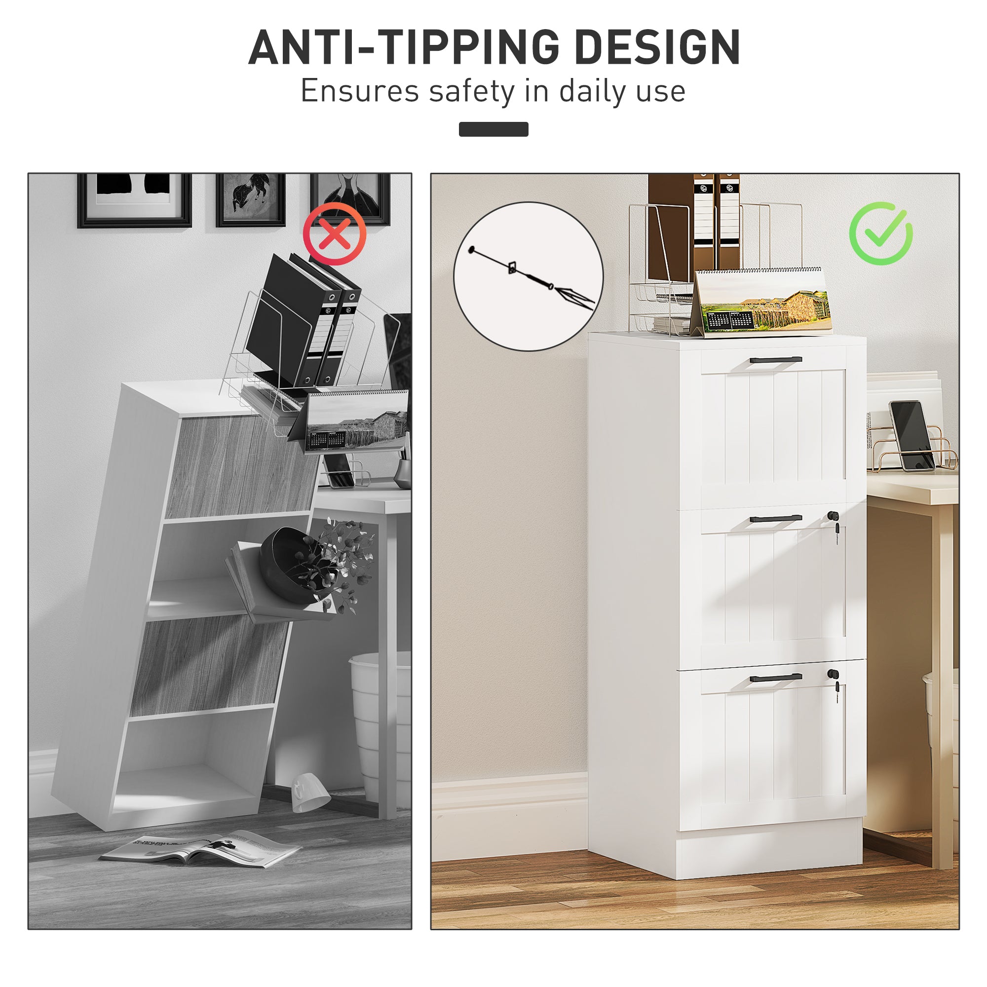 3 Drawer Filing Cabinet with Lock, Office Storage Cabinet with Adjustable Hanging Bars for A4 Letter Size Files, White