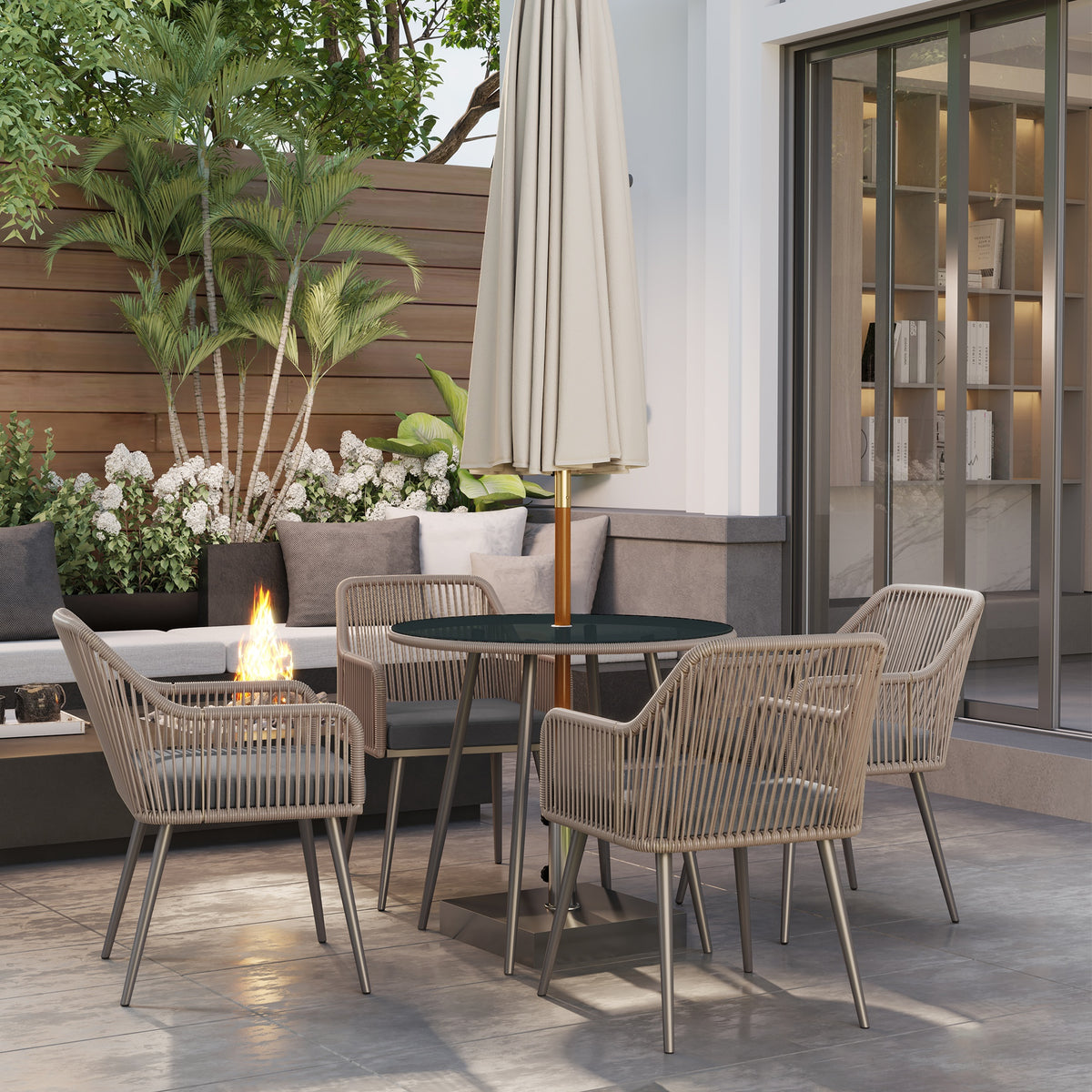 4 Seater Rattan Garden Dining Set with Cushions and Parasol Hole, Round Glass Top Table - Light Brown