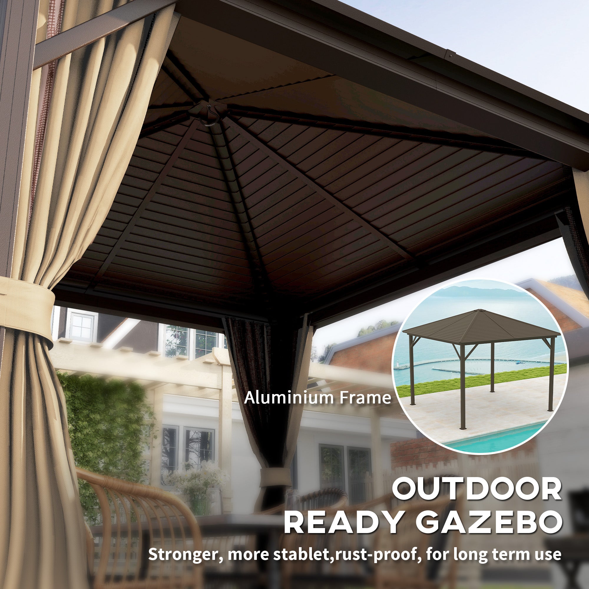3 Piece Metal Hardtop Gazebo with Curtains and Accessories - Brown