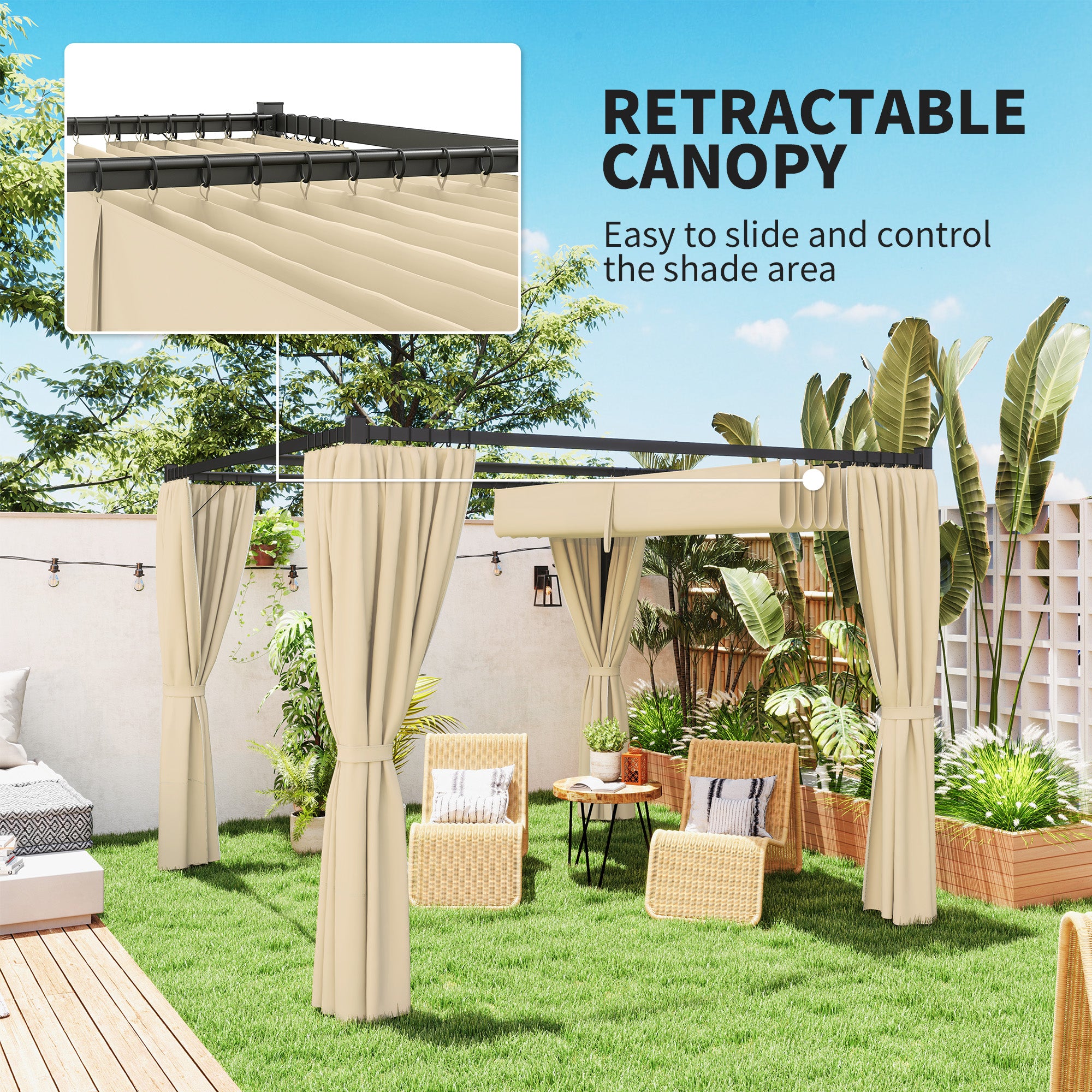 3 x 3m Retractable Roof Pergola with Curtains and Metal Frame - Khaki