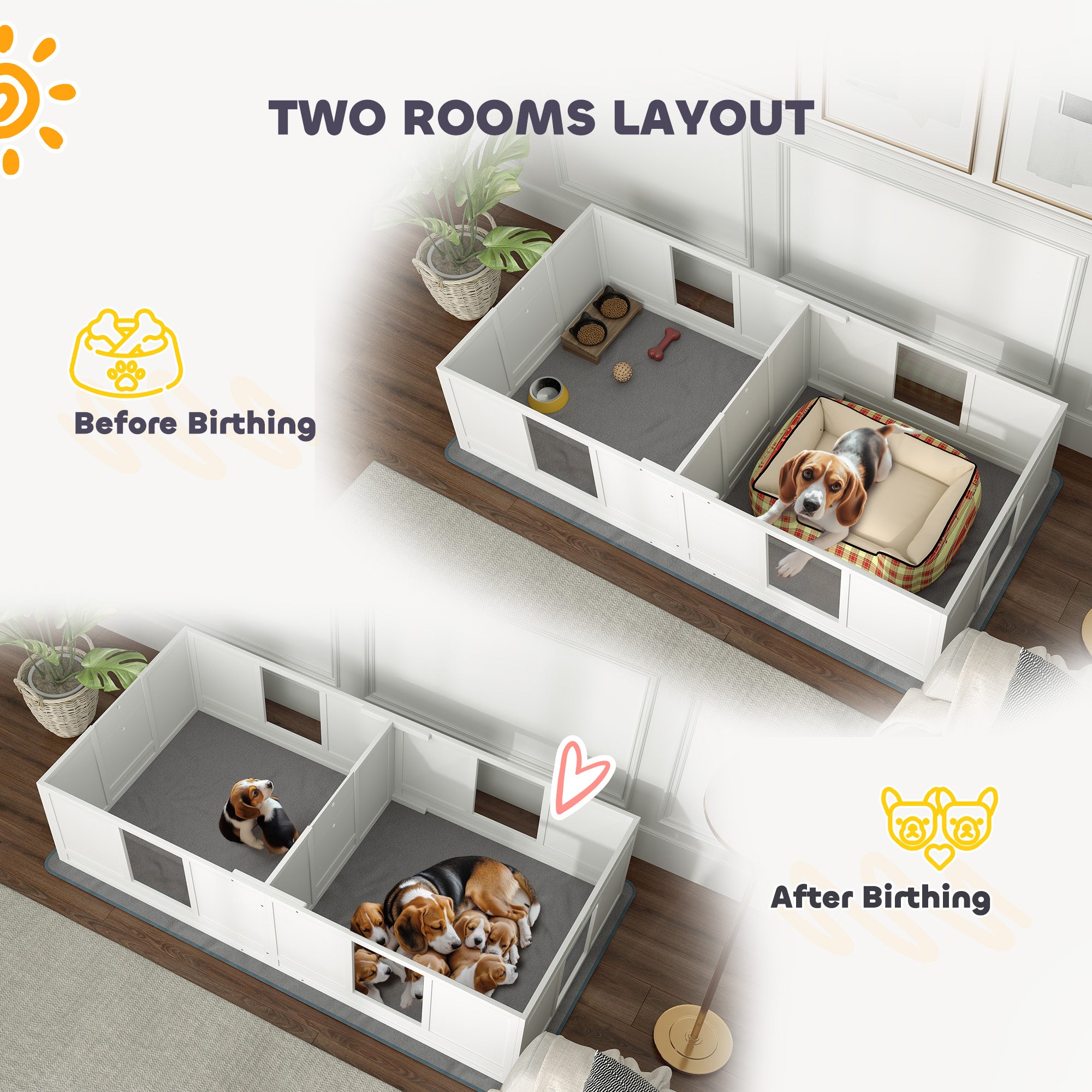 Two Room Design Whelping Box for Dogs with Whelping Pad, Clear Panels, Adjustable Entrance, for Medium Dogs, 196 x 96cm