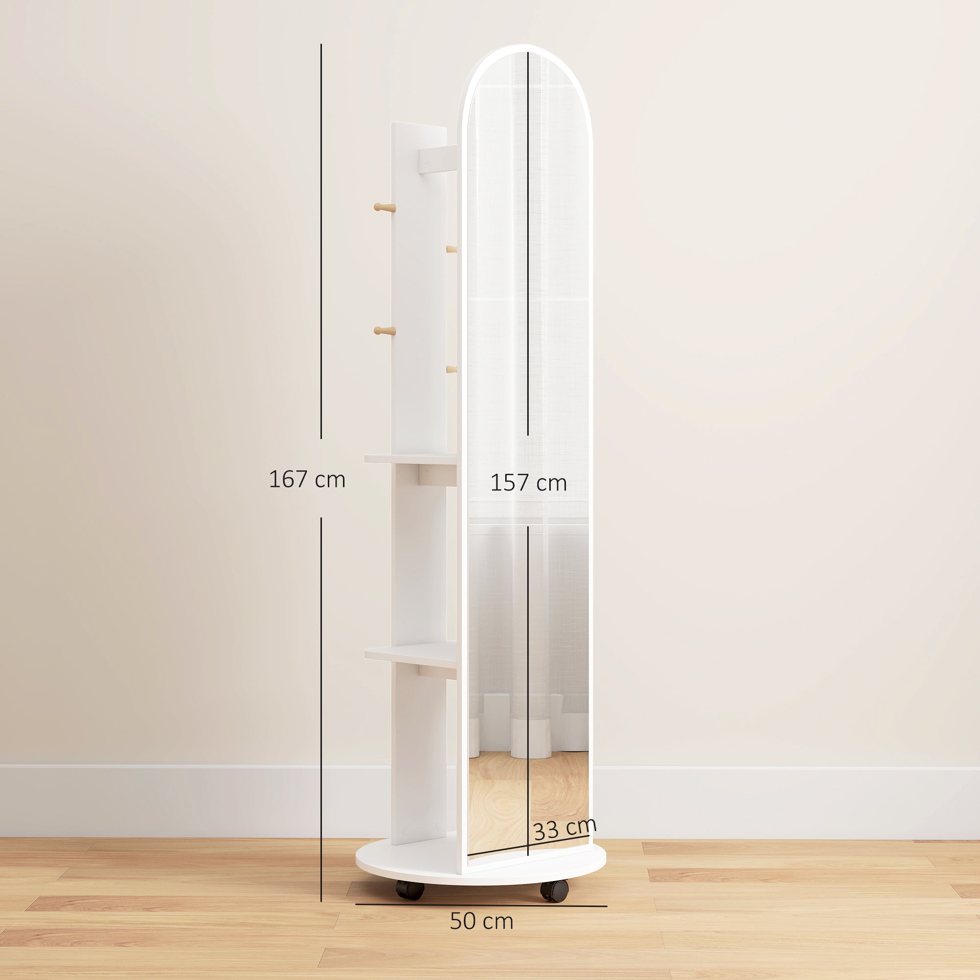 2-in-1 Full Length Mirror with Storage Shelves, Floor Mirror with 4 Wheels, Coat Rack, Hooks, White