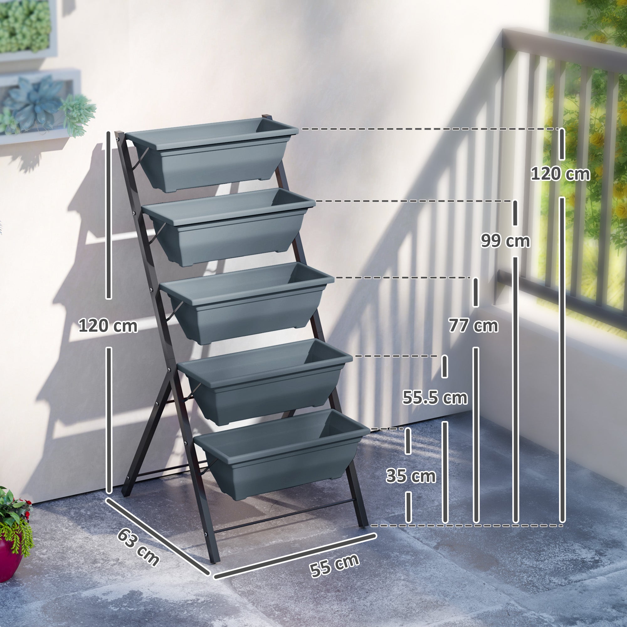5-Tier Raised Garden Bed, Vertical Ladder Plant Stand with 5 Removable Boxes, Drainage Holes and Plugs, Indoor Outdoor Elevated Flower Herb Growing Box for Garden Patio Balcony, Grey