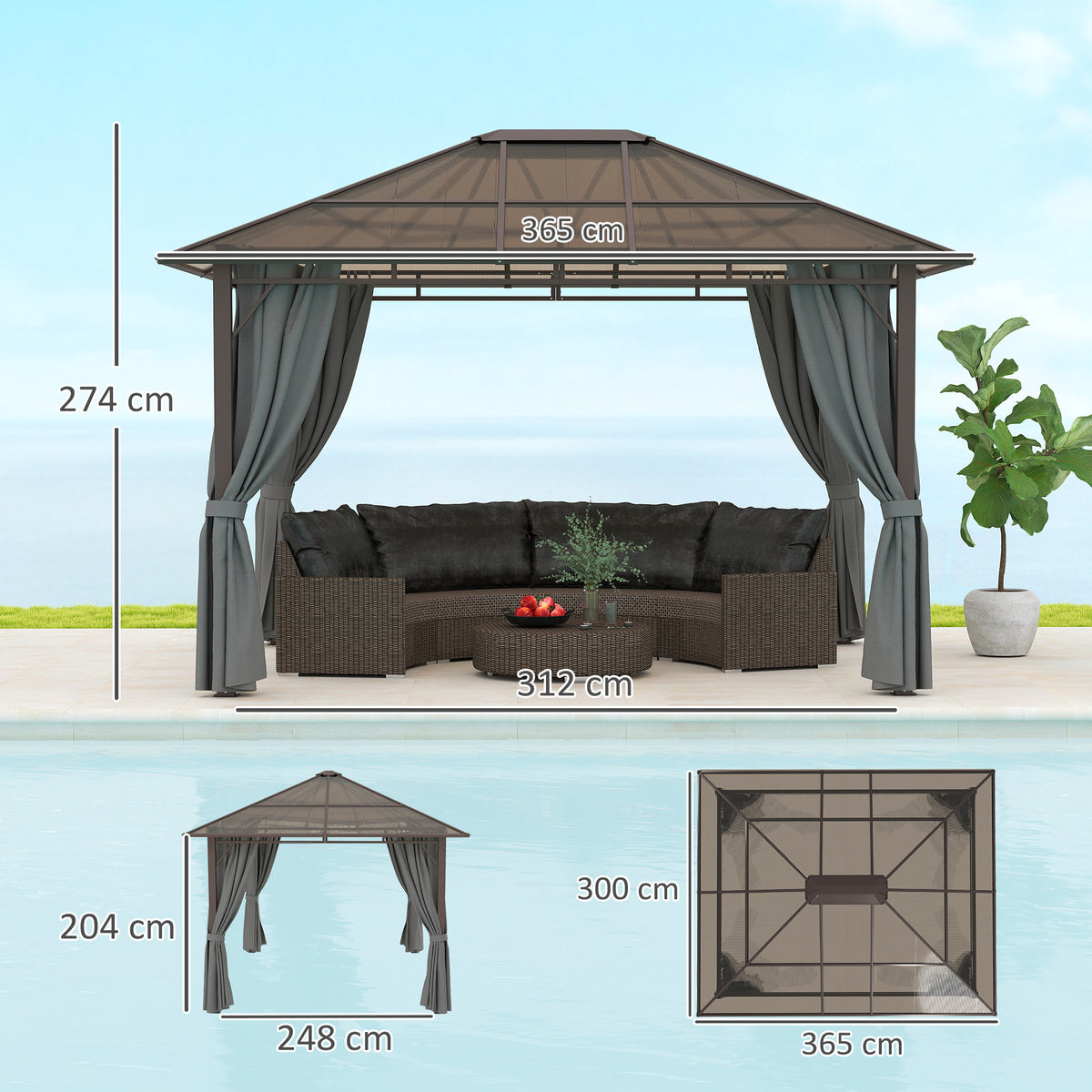 3.6 x 3 Metre Hardtop Gazebo with Polycarbonate Roof and Curtains - Dark Grey