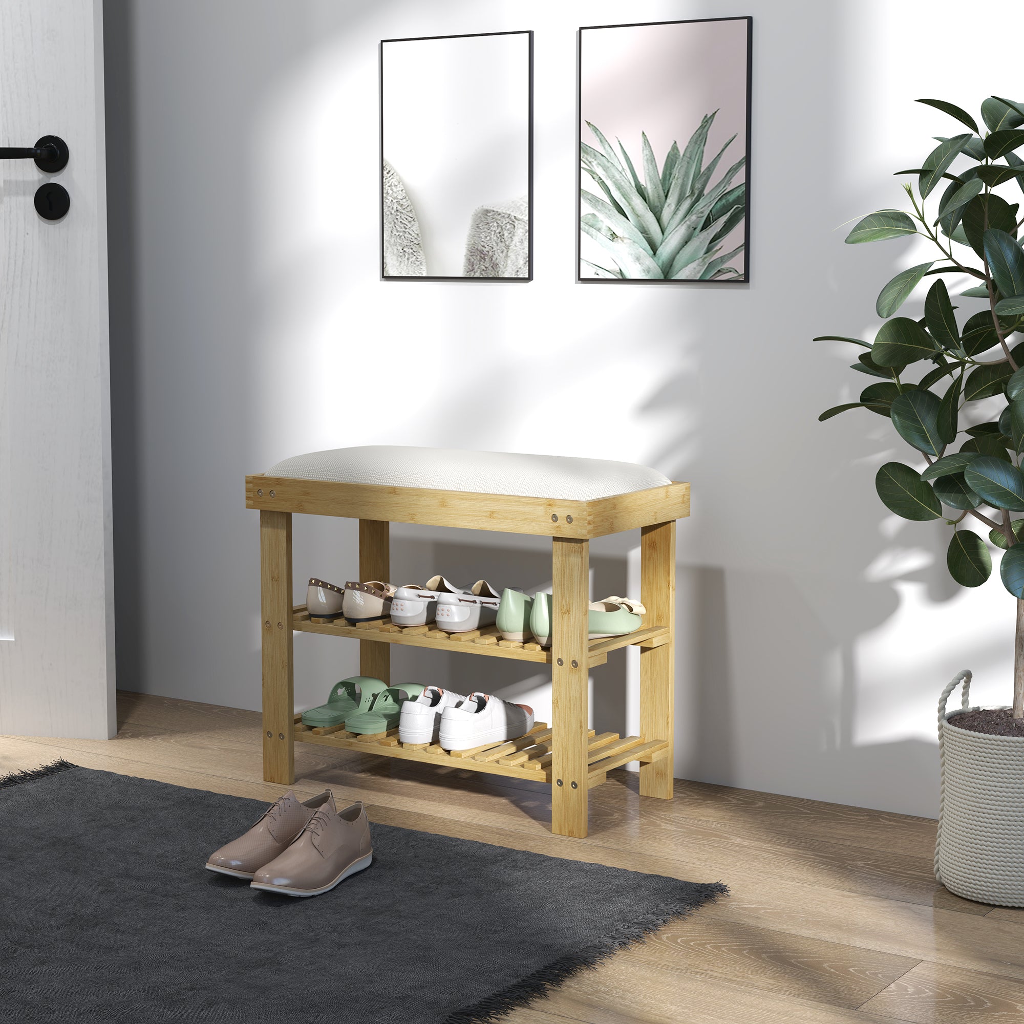 Bamboo Shoe Storage Bench, 3-Tier Shoe Bench with Seat Cushion, Shoe Rack for Entryway, Hallway, Living Room, Bedroom, Cream White
