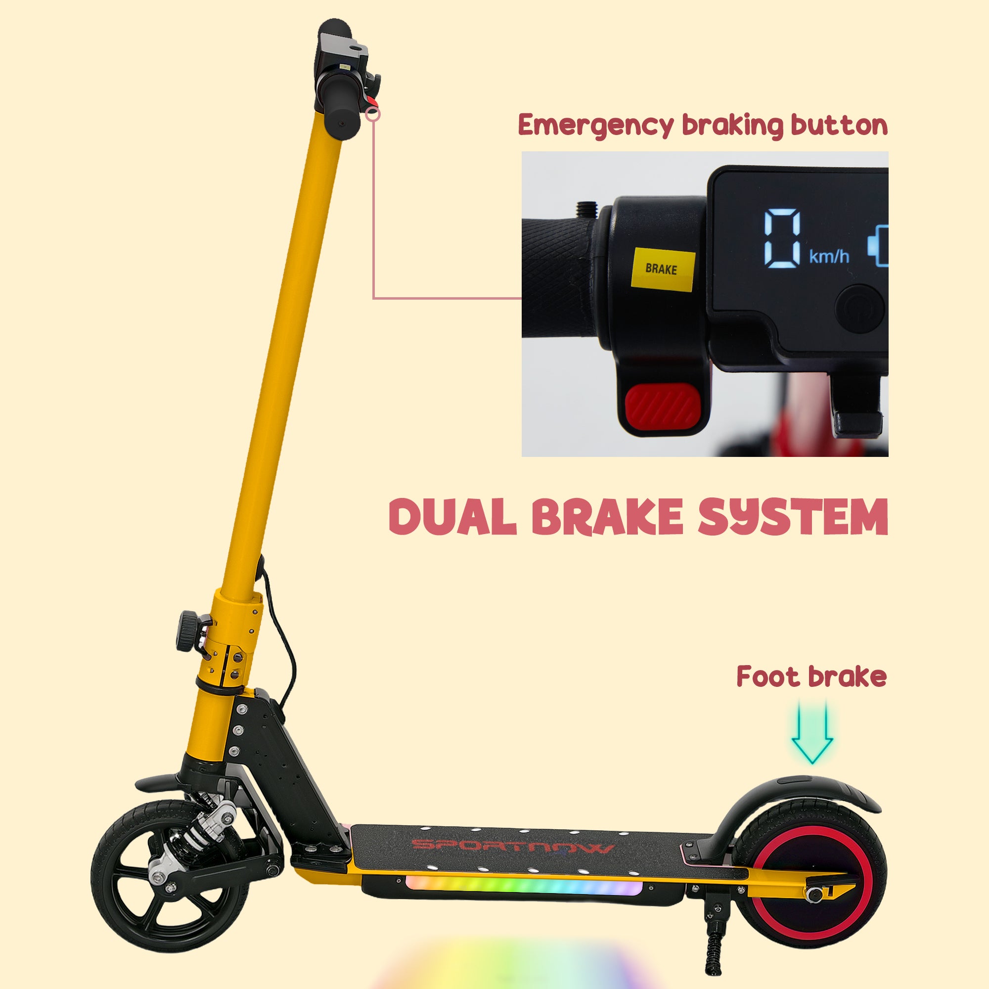 Folding Electric Scooter for Kids 6-14 with Dual Brakes, Front Suspension, LED Lights & Display - Gold Tone