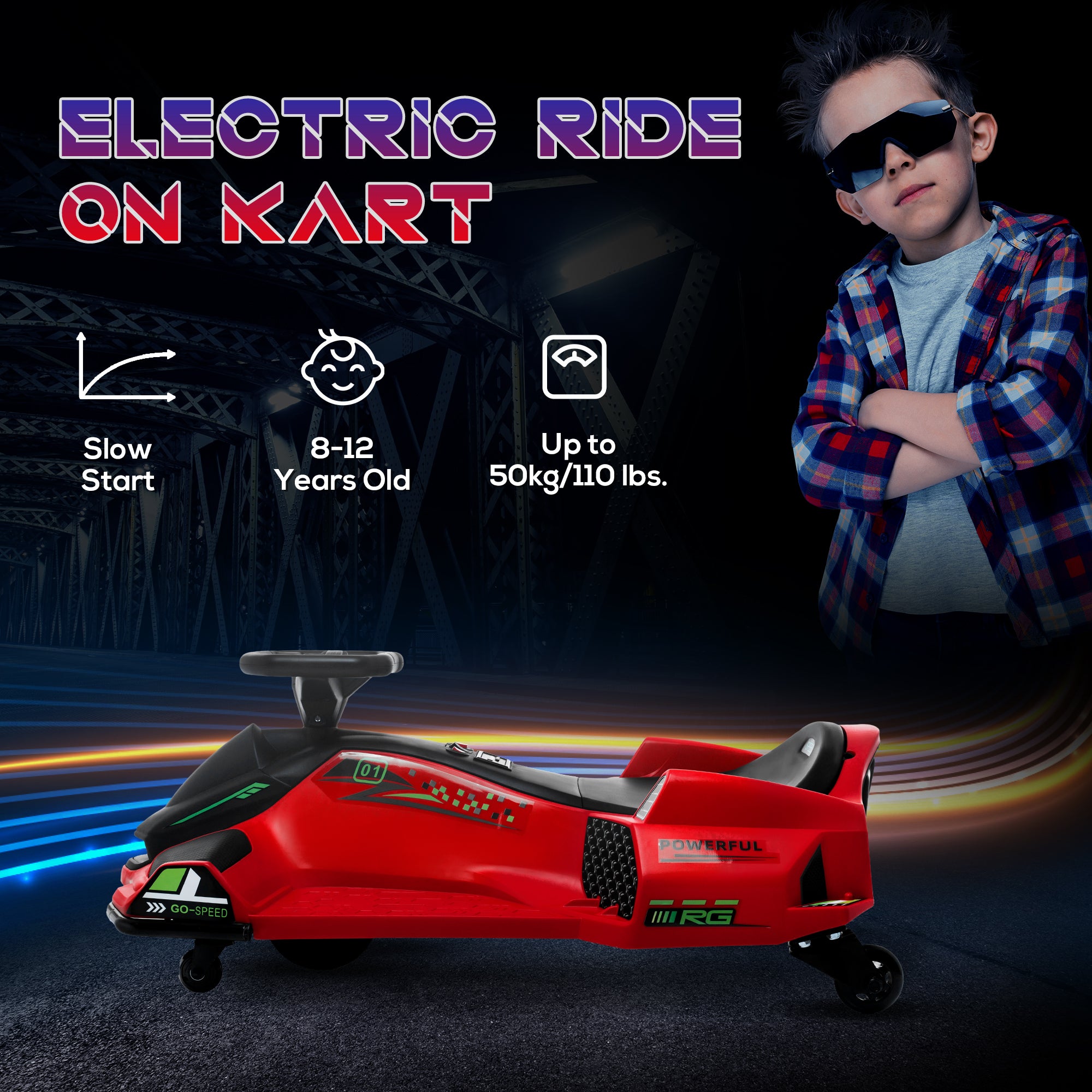 12V Kids Electric Go Kart with Music, LED Lights, Slow Start, Red