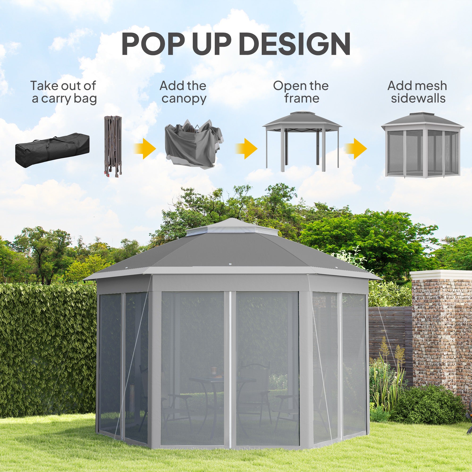 3 x 4m Garden Gazebo Set with Netting Double Roof Pop Up Shelter - Dark Grey