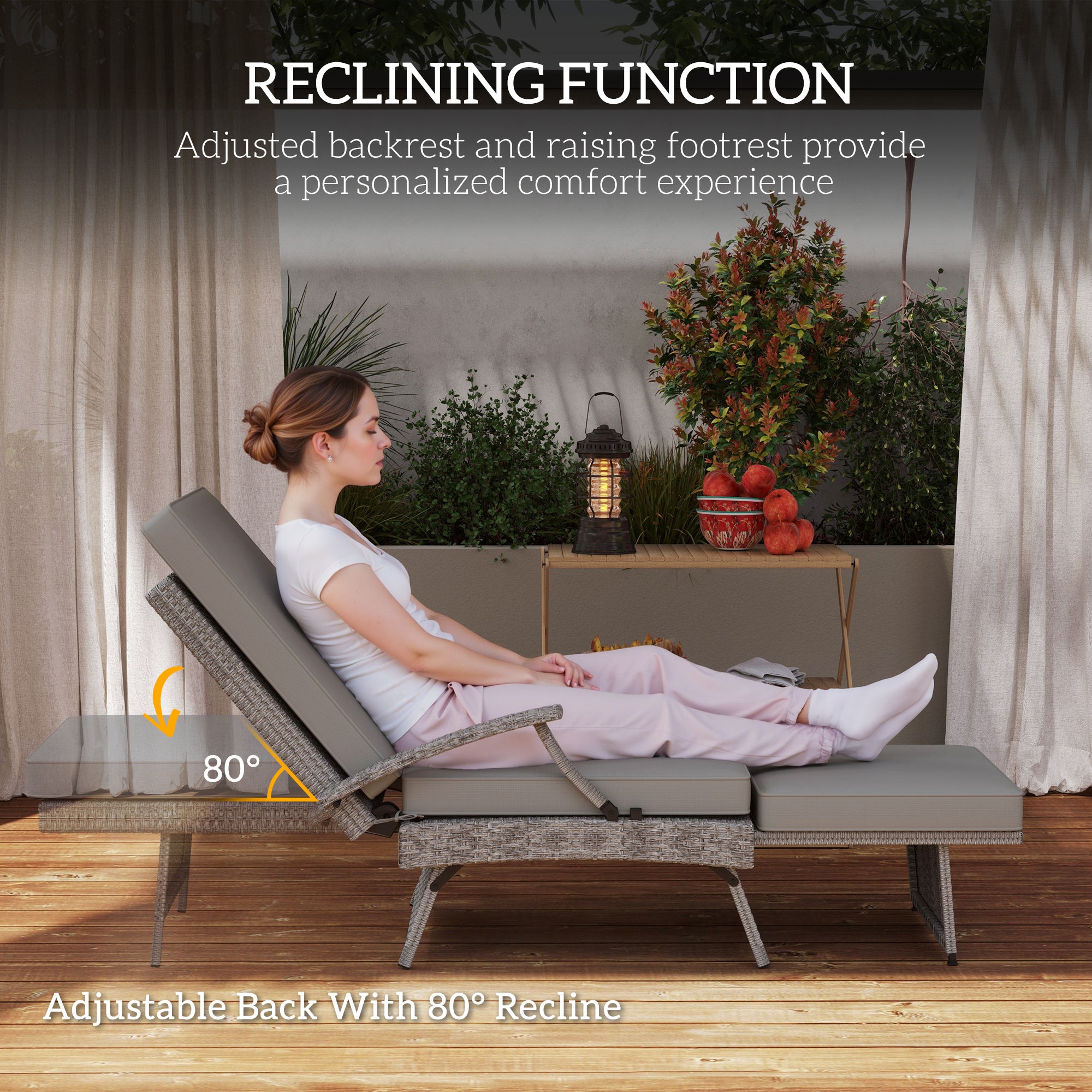 80° Reclining Rattan Lounger - Grey