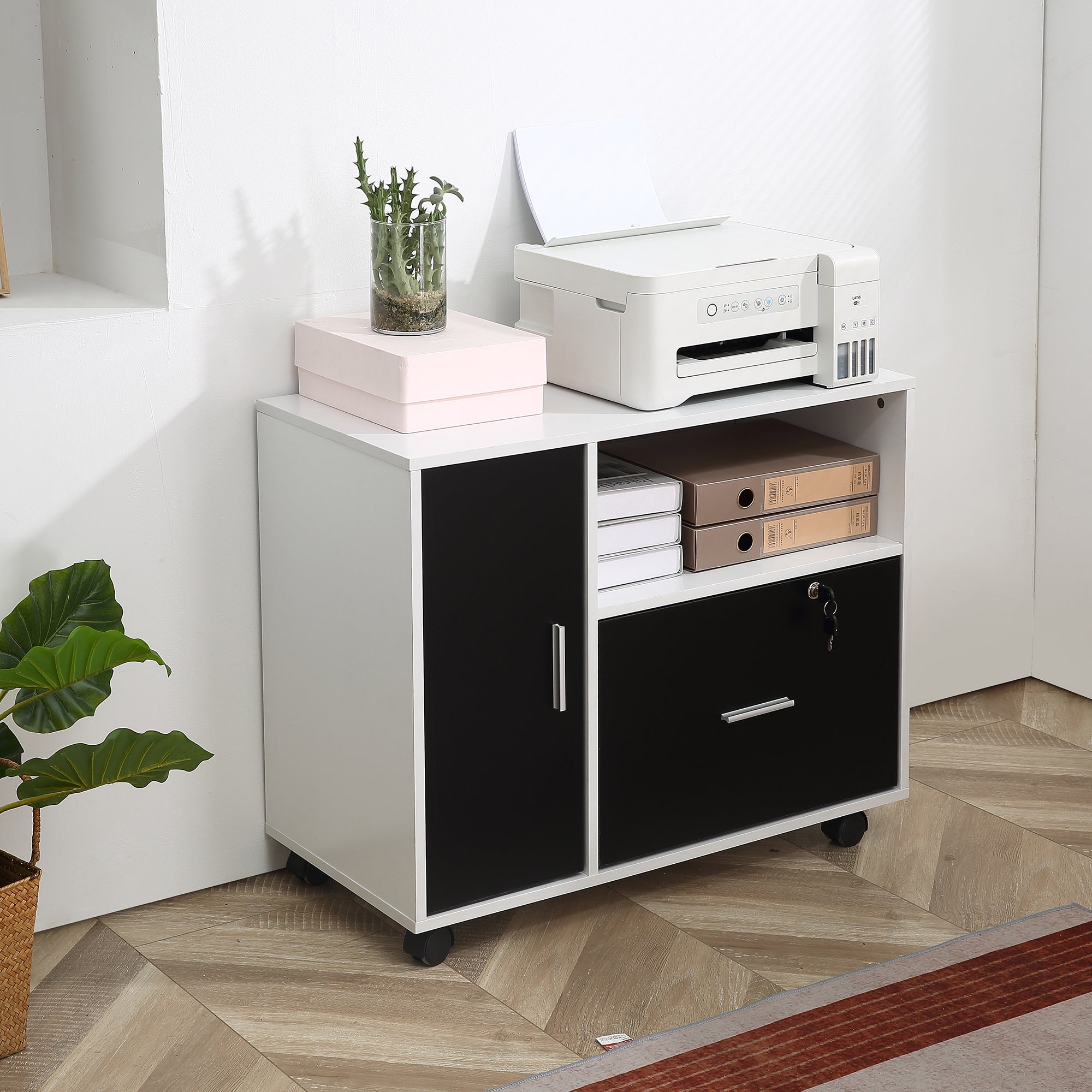 Multi-Compartment Office Storage Cabinet, with File Hangers - Black/White